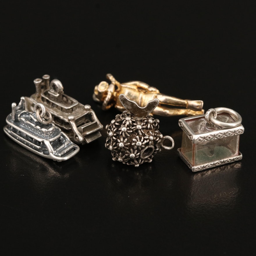 Vintage Sterling Charm Selection Including Fish Tank and Boat Charms