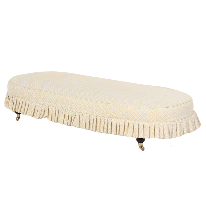 Custom Ruffle Upholstered Slip-Covered Oblong Ottoman on Casters