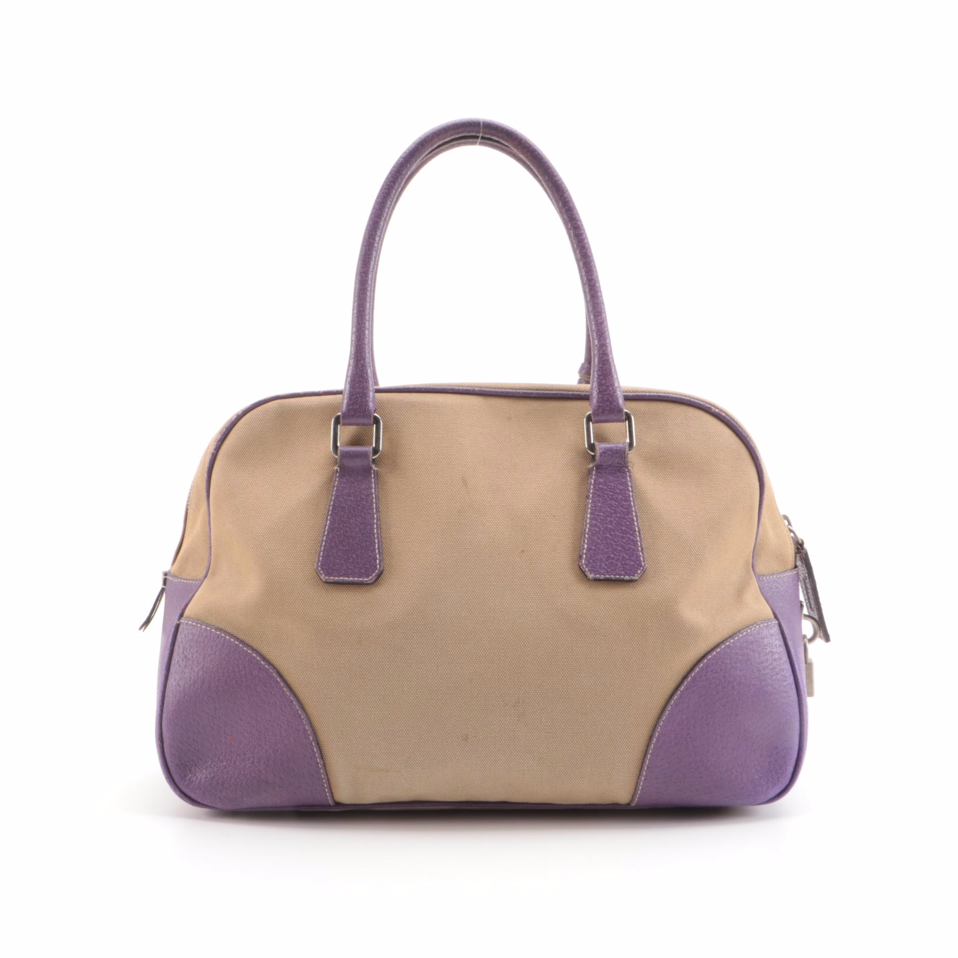 Prada Bauletto Bag in Canapa Canvas with Lilac Leather Trim