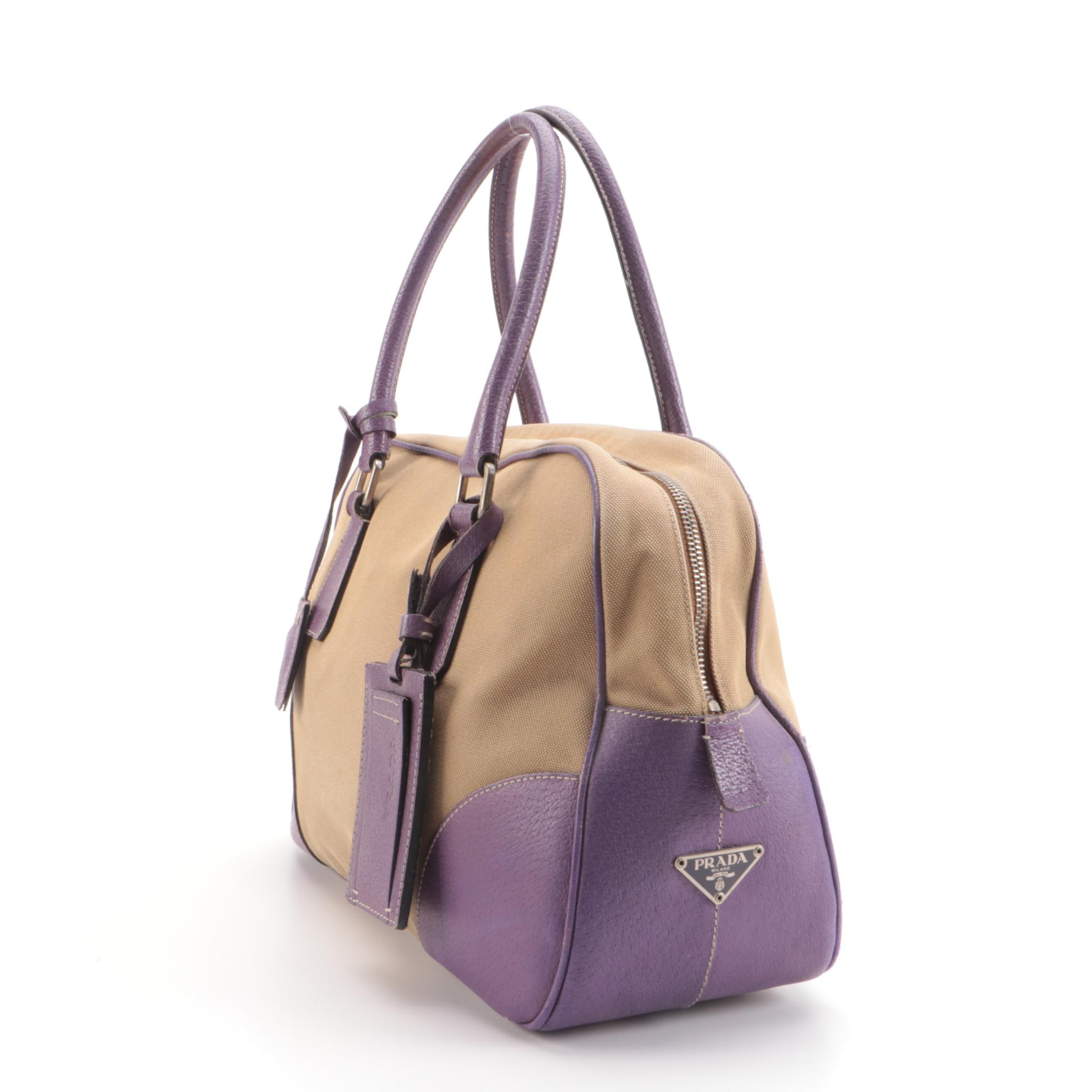 Prada Bauletto Bag in Canapa Canvas with Lilac Leather Trim