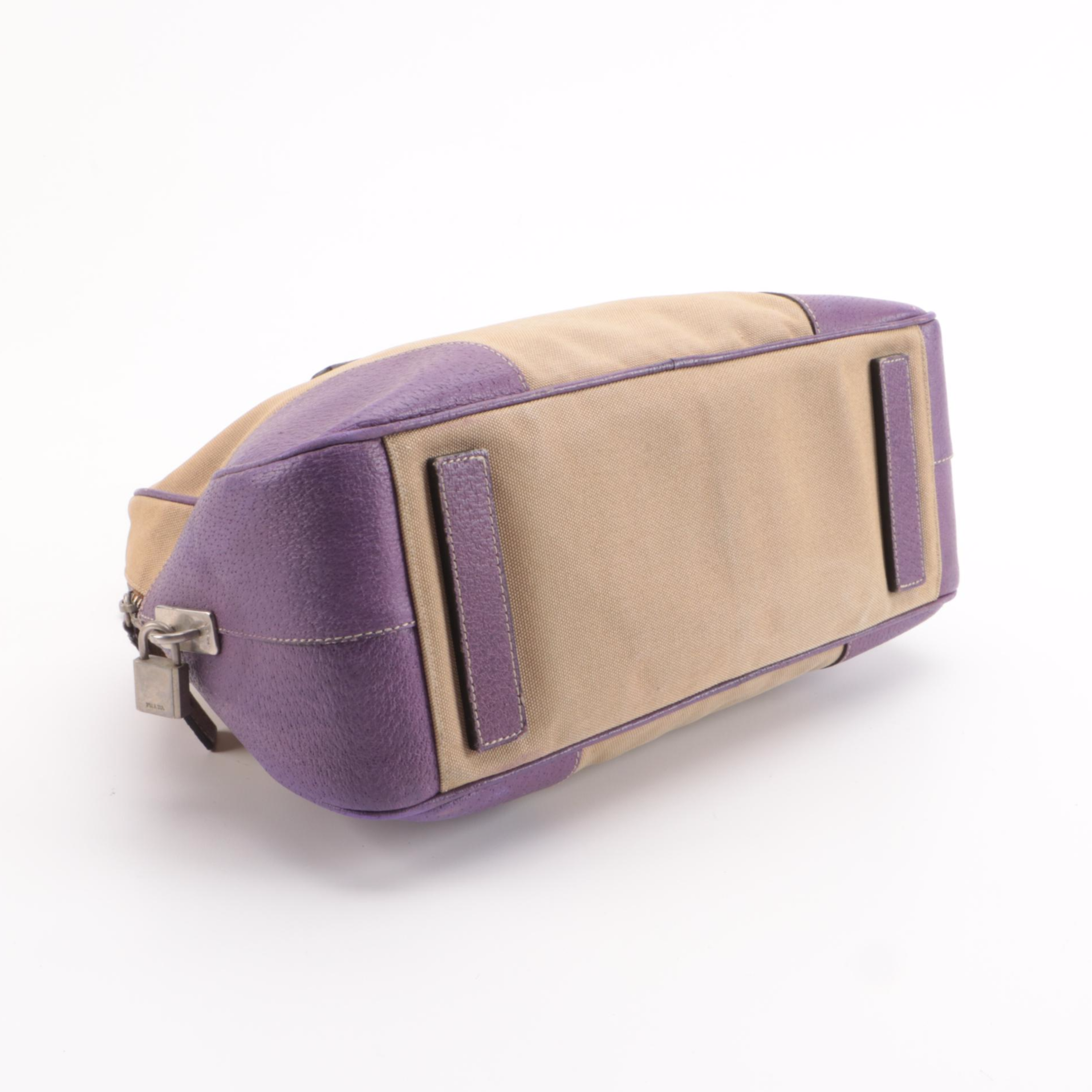 Prada Bauletto Bag in Canapa Canvas with Lilac Leather Trim