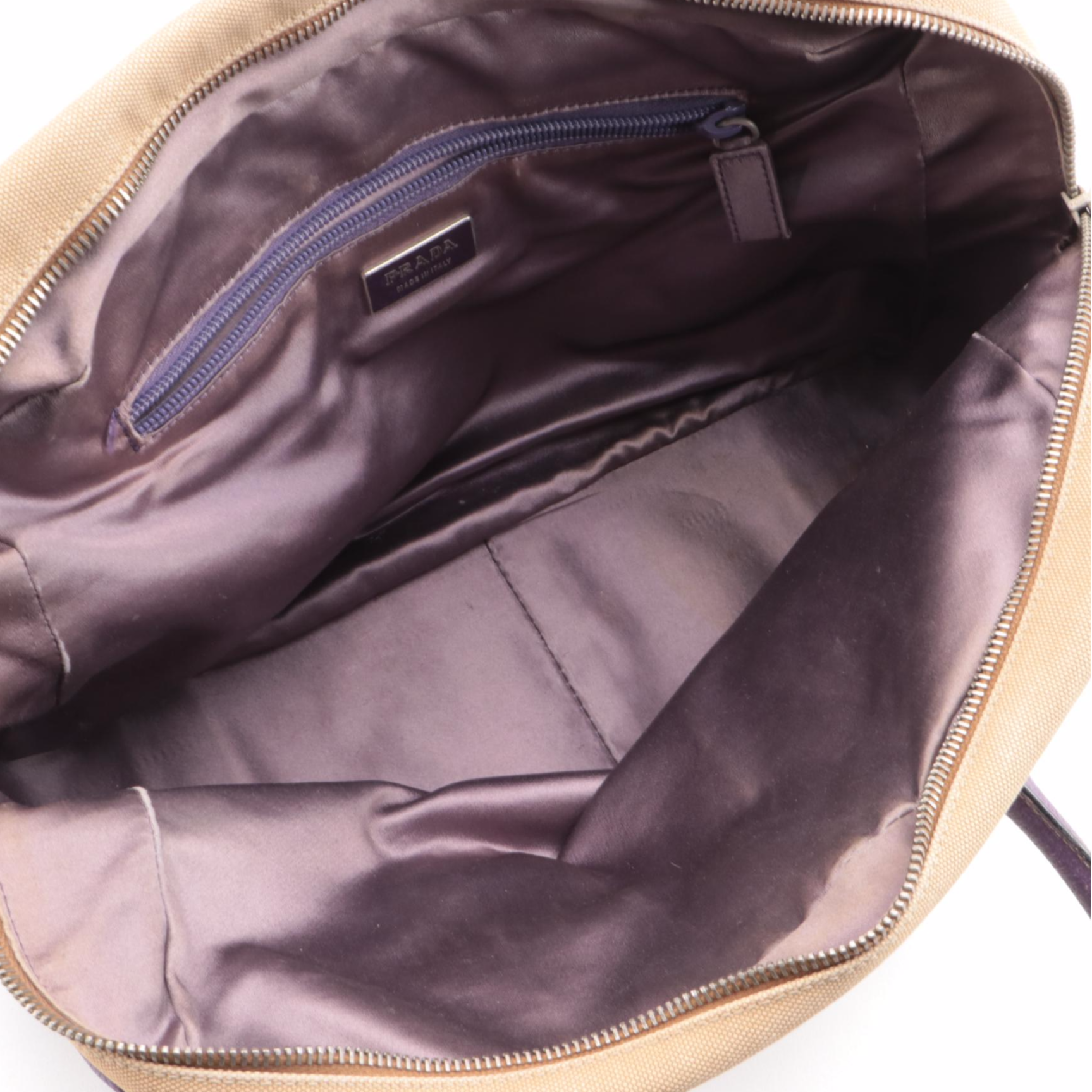 Prada Bauletto Bag in Canapa Canvas with Lilac Leather Trim