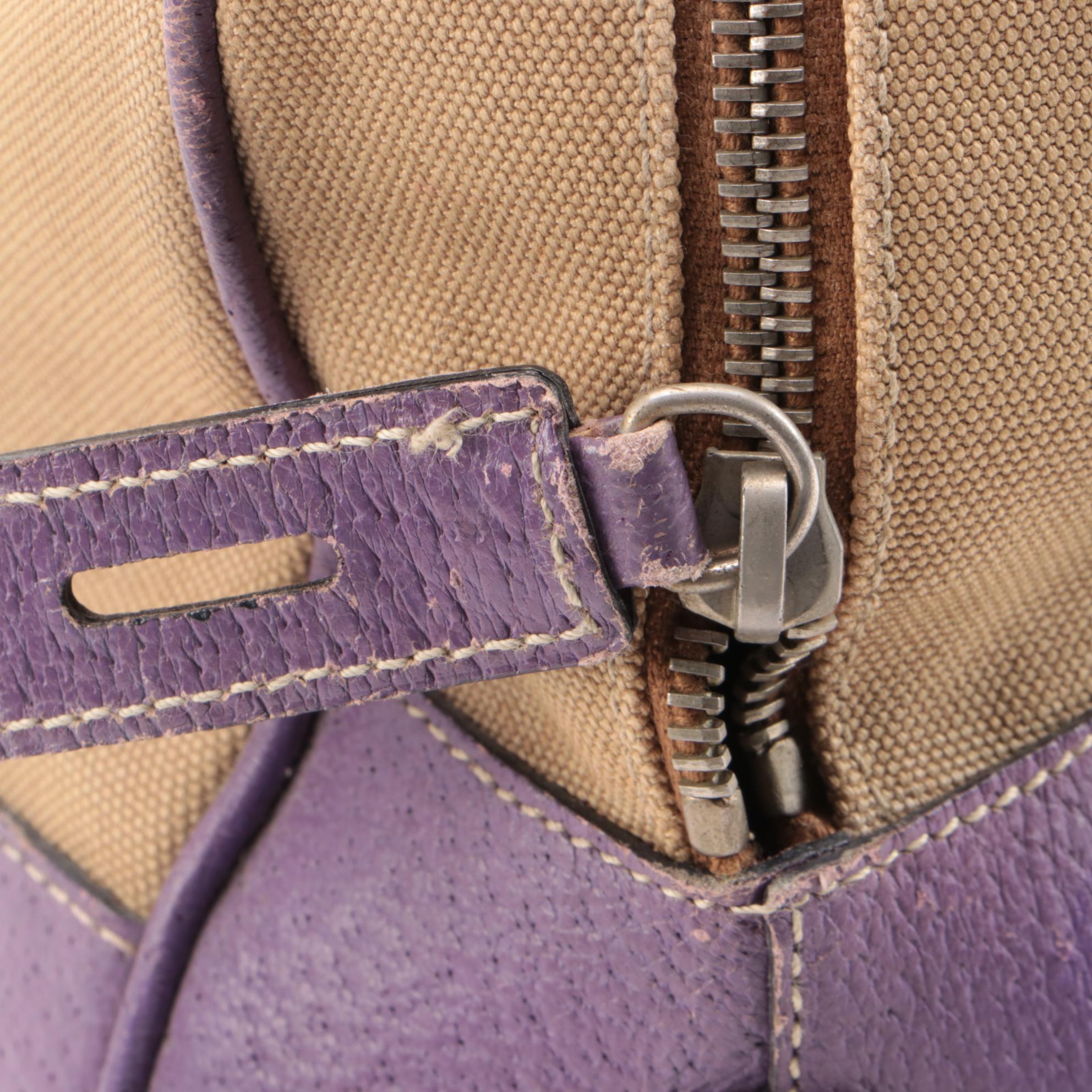 Prada Bauletto Bag in Canapa Canvas with Lilac Leather Trim