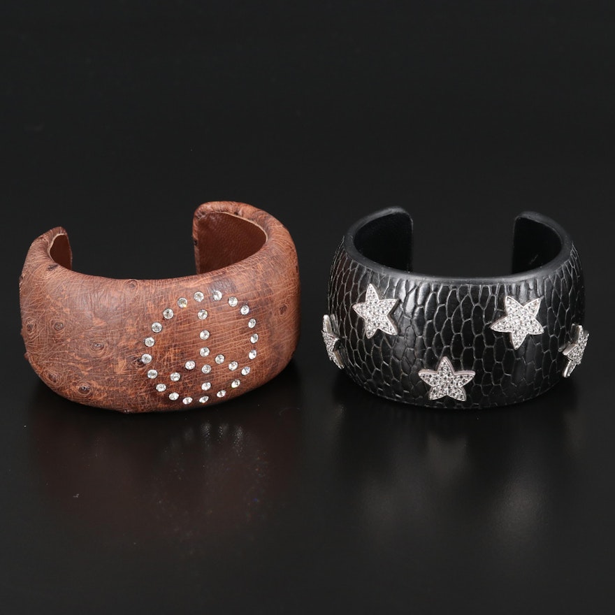 Ostrich Skin, Leather, and Topaz Star and Peace Sign Cuffs