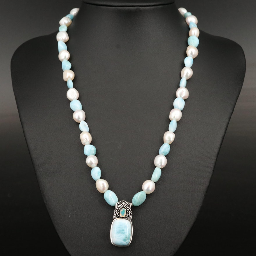 Sterling Larimar, Opal and Pearl Necklace