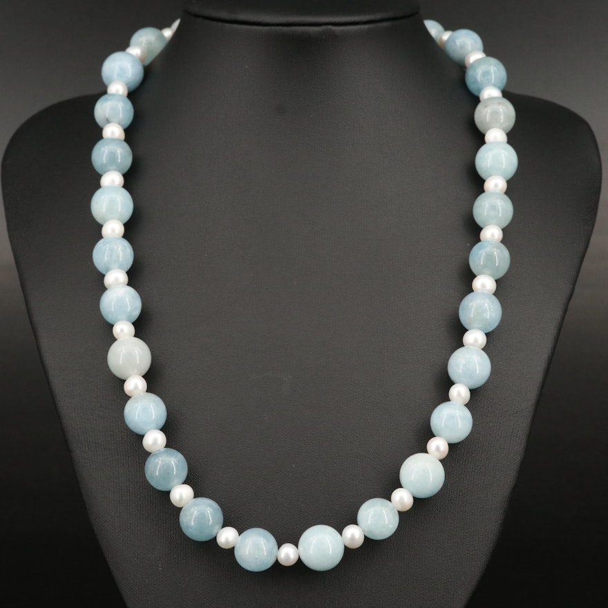 Beryl and Pearl Necklace with Sterling Clasp