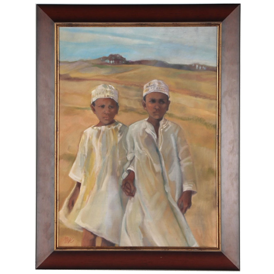 Oil Painting of Two Boys in Traditional Middle Eastern Dress