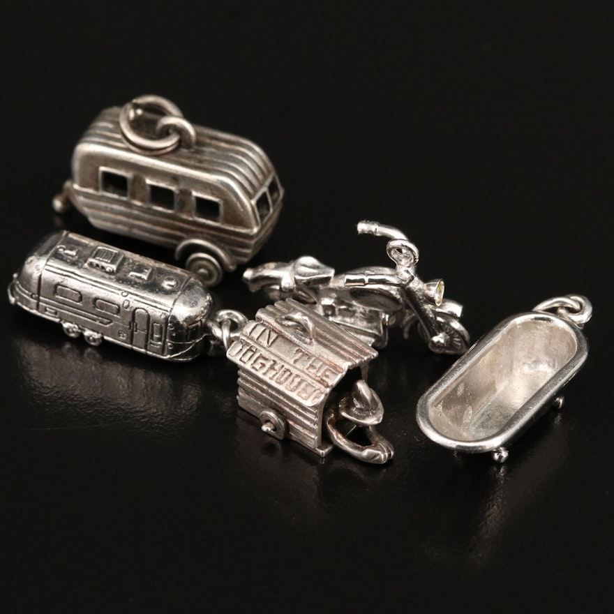 Vintage Sterling Charm Selection Including Motorcycle and Streamline Trailer