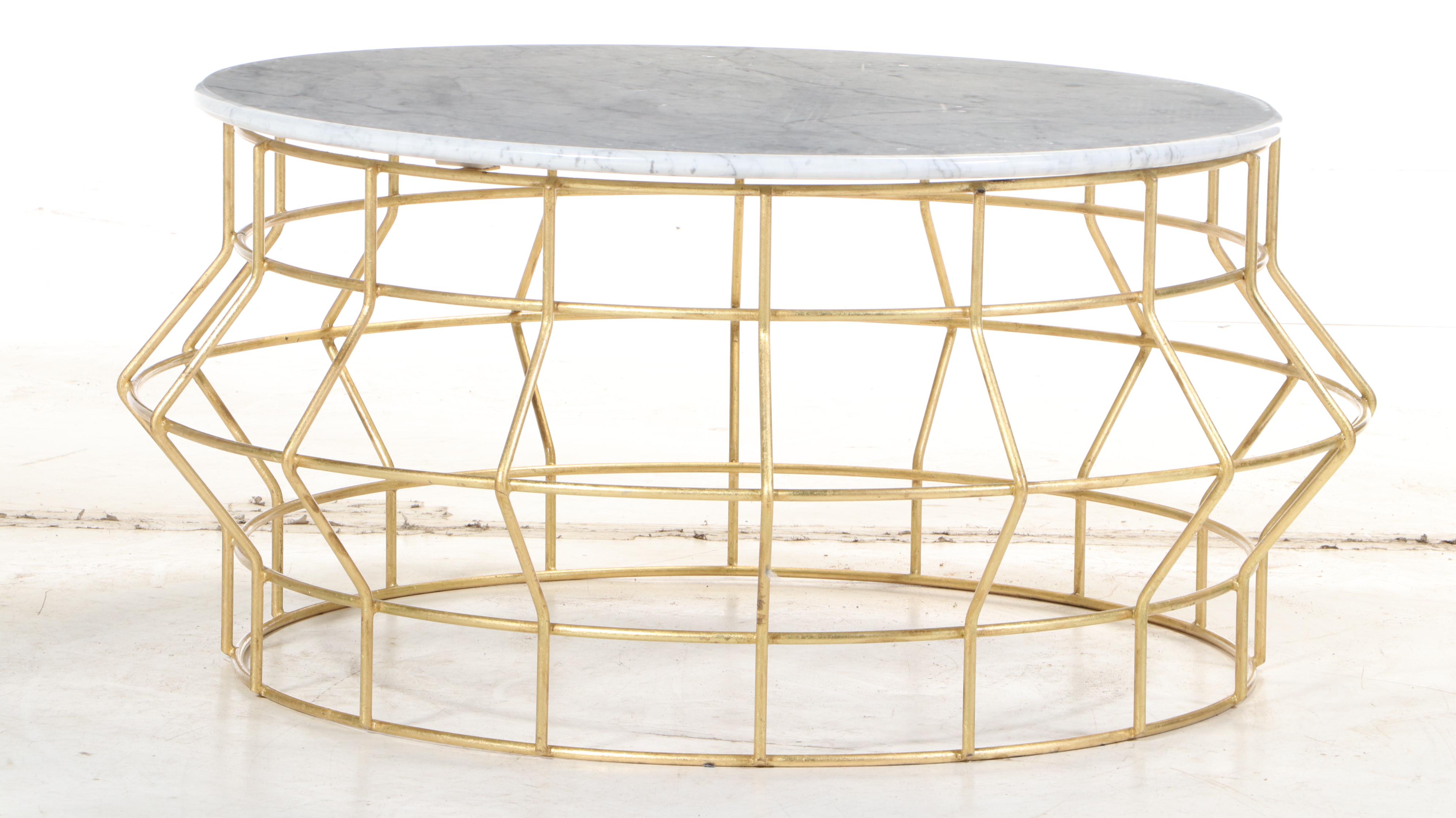 Contemporary Round Gold Painted Coffee Table with Marble Top