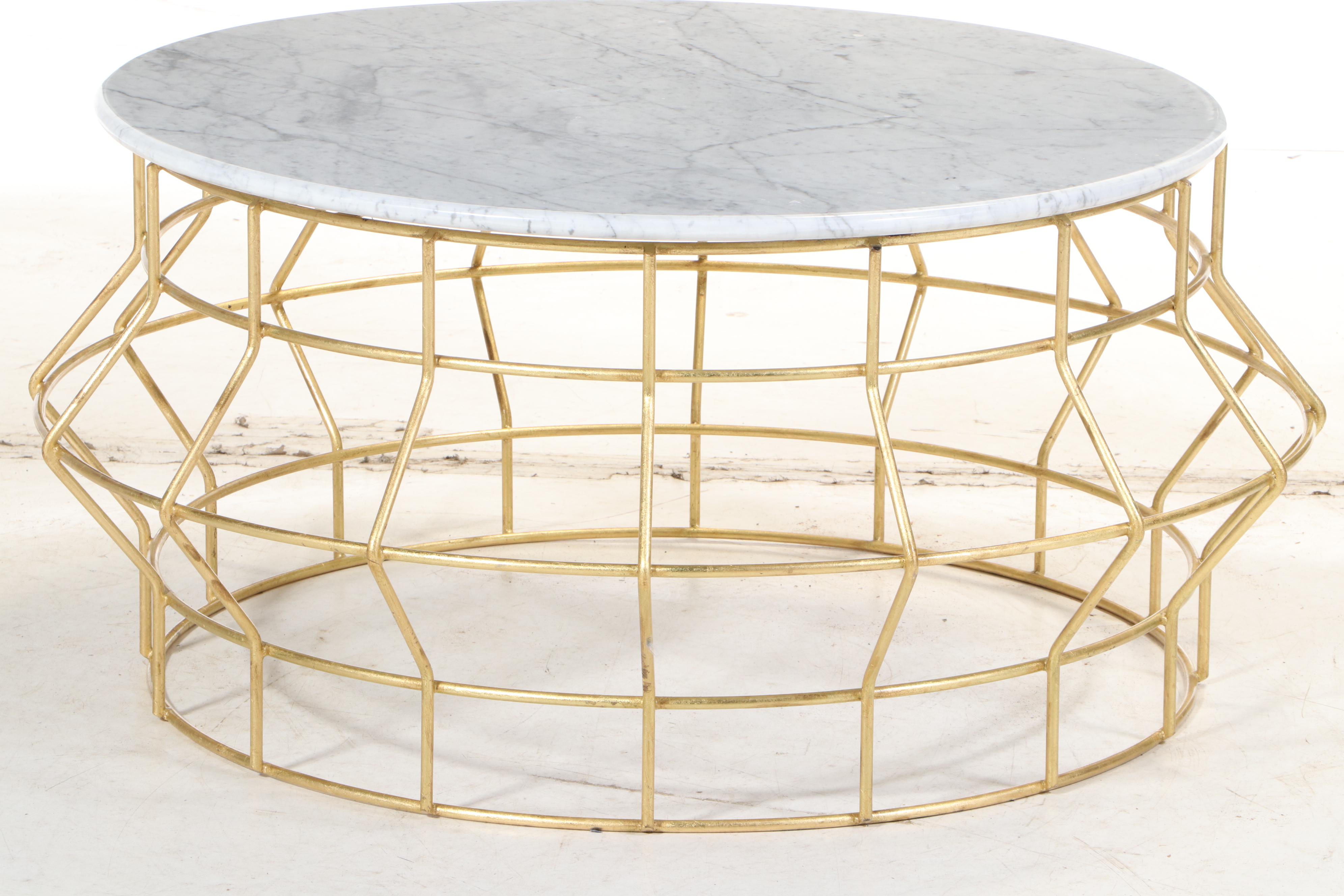 Contemporary Round Gold Painted Coffee Table with Marble Top