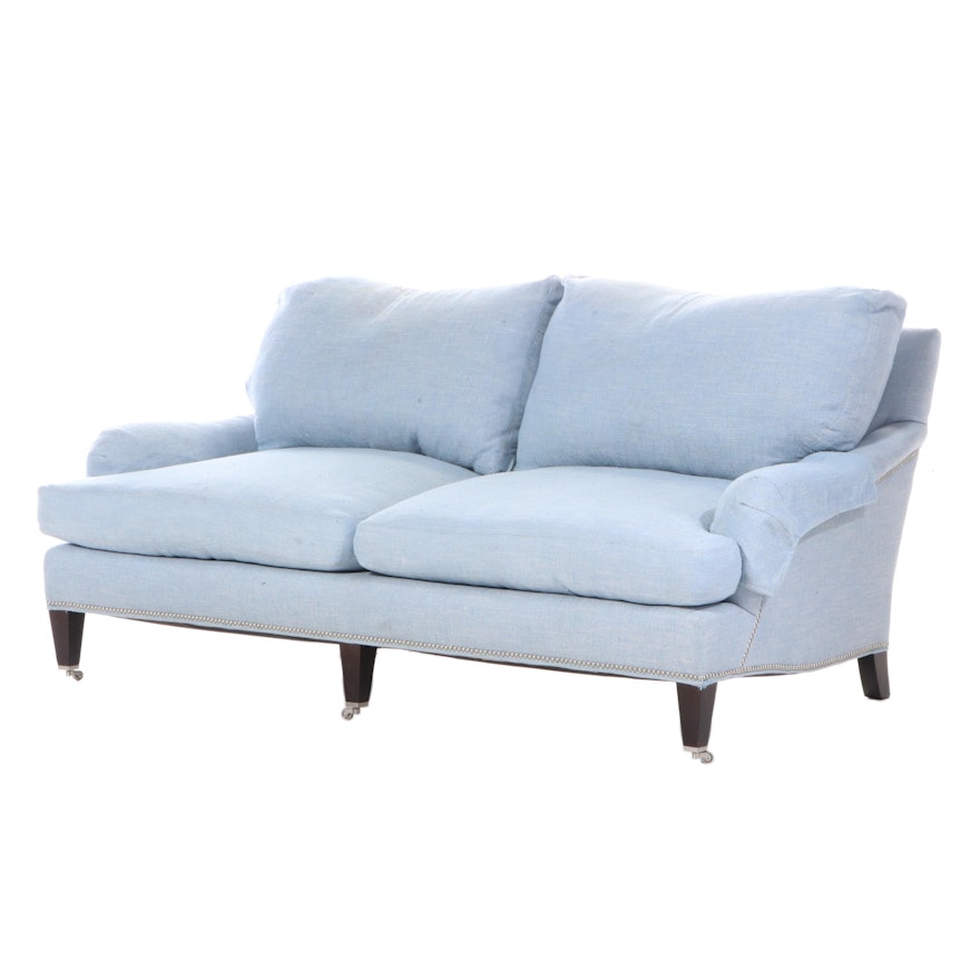 Lee Contemporary Custom Linen Upholstered Sofa with Brushed Nickel Nailhead