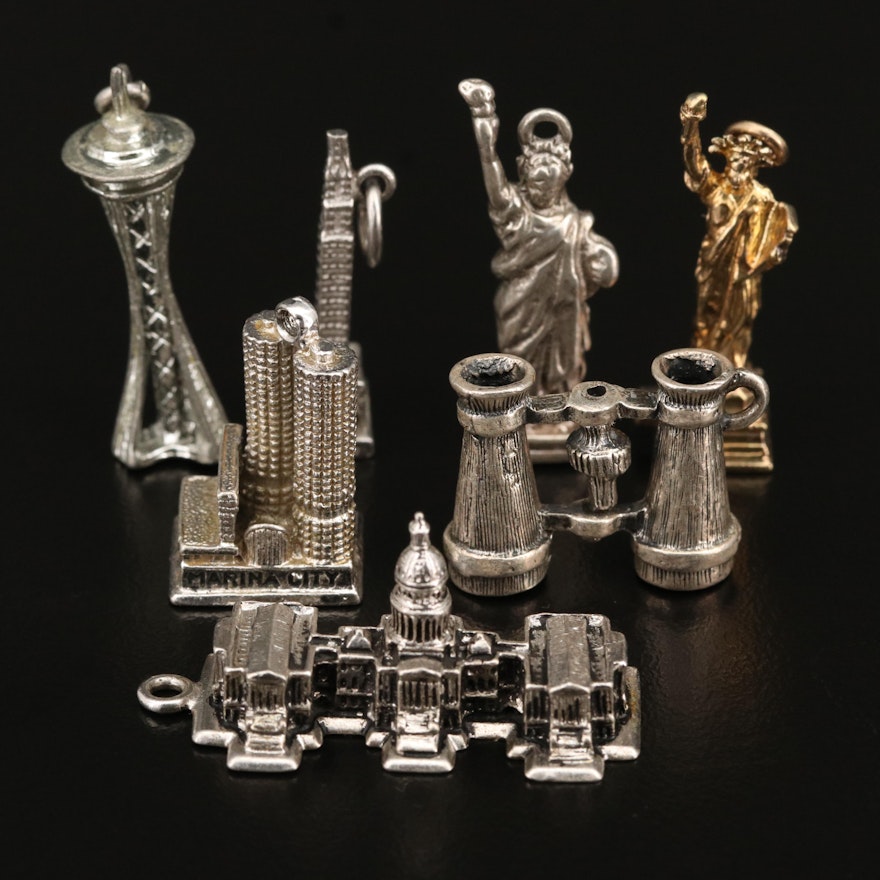 Charms Including Stanhope, Statue of Liberty, Capital Building and Sterling