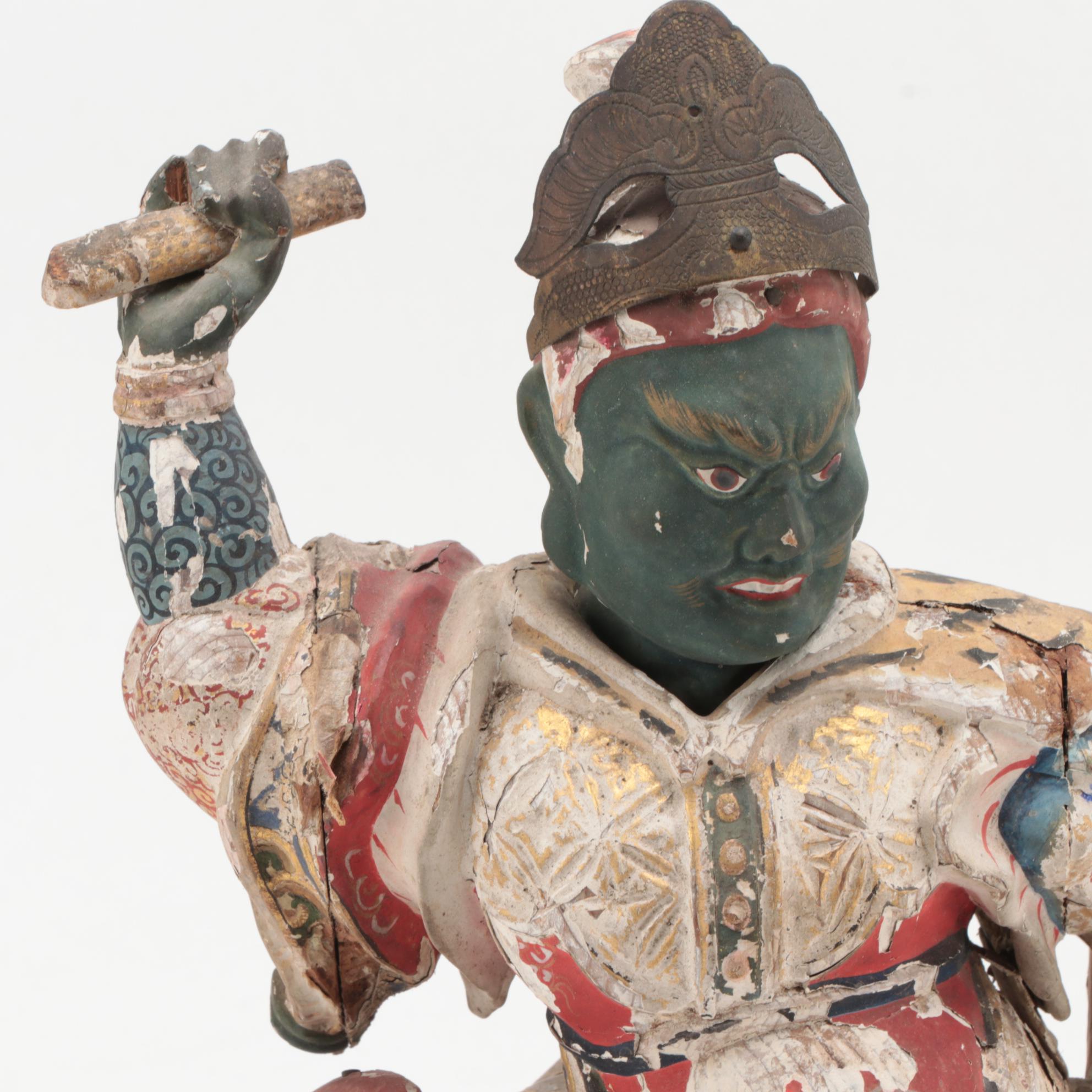 Japanese Polychrome Wood Figure of Dancing Temple Guardian