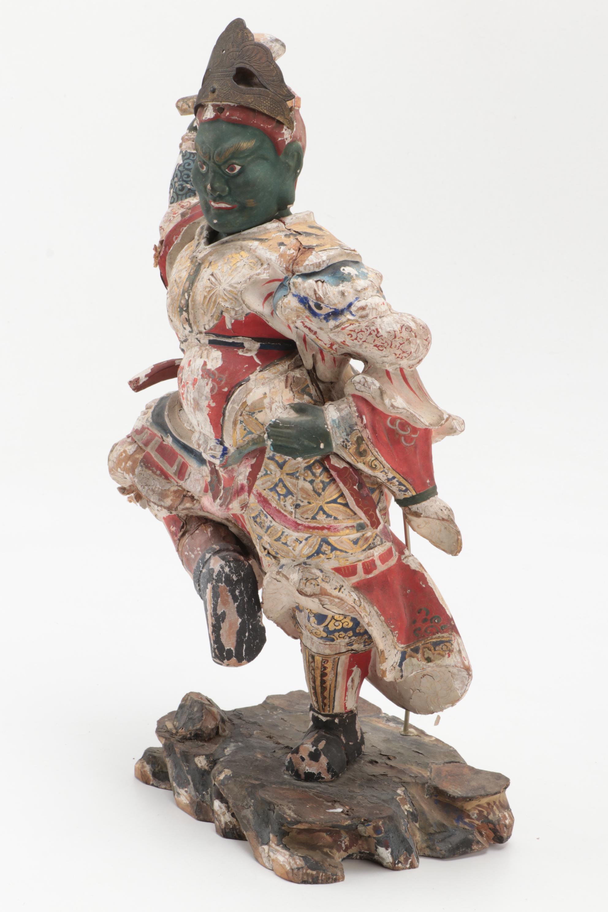 Japanese Polychrome Wood Figure of Dancing Temple Guardian
