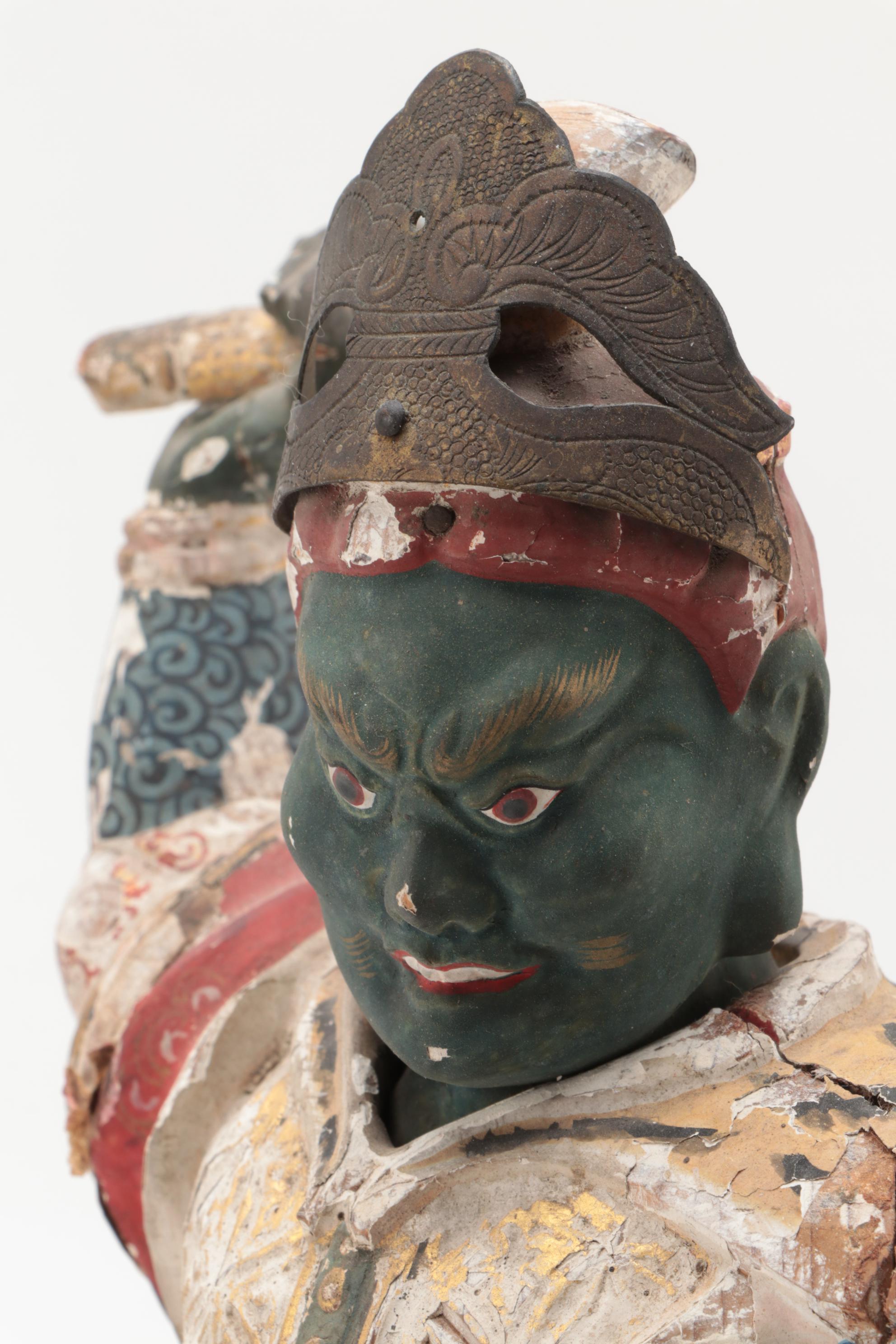 Japanese Polychrome Wood Figure of Dancing Temple Guardian