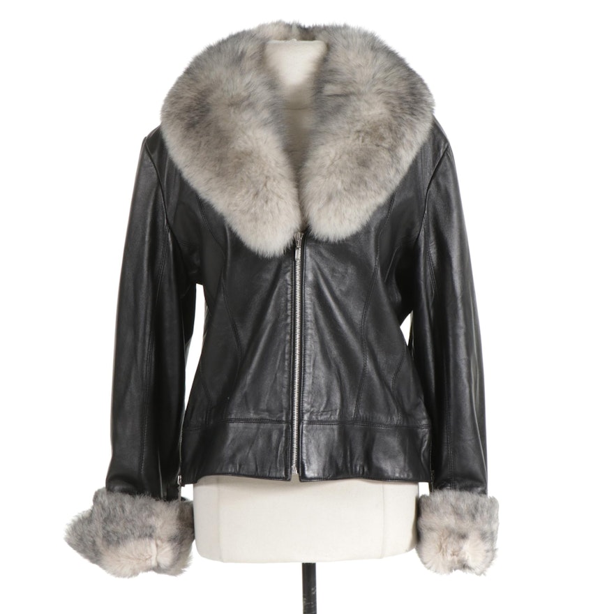 Pellé Collezioni Fox Fur Trimmed Black Leather Jacket
