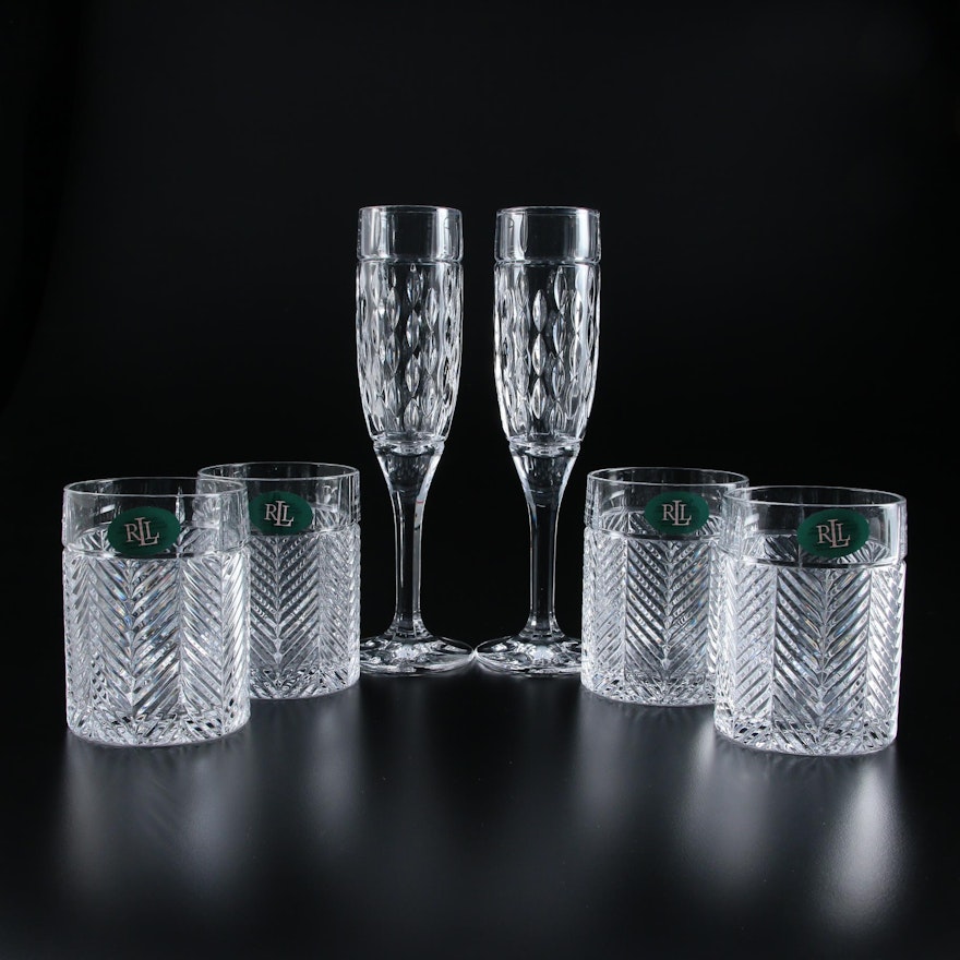Ralph Lauren "Herringbone" Crystal Old Fashioned Glasses and "Aston" Flutes