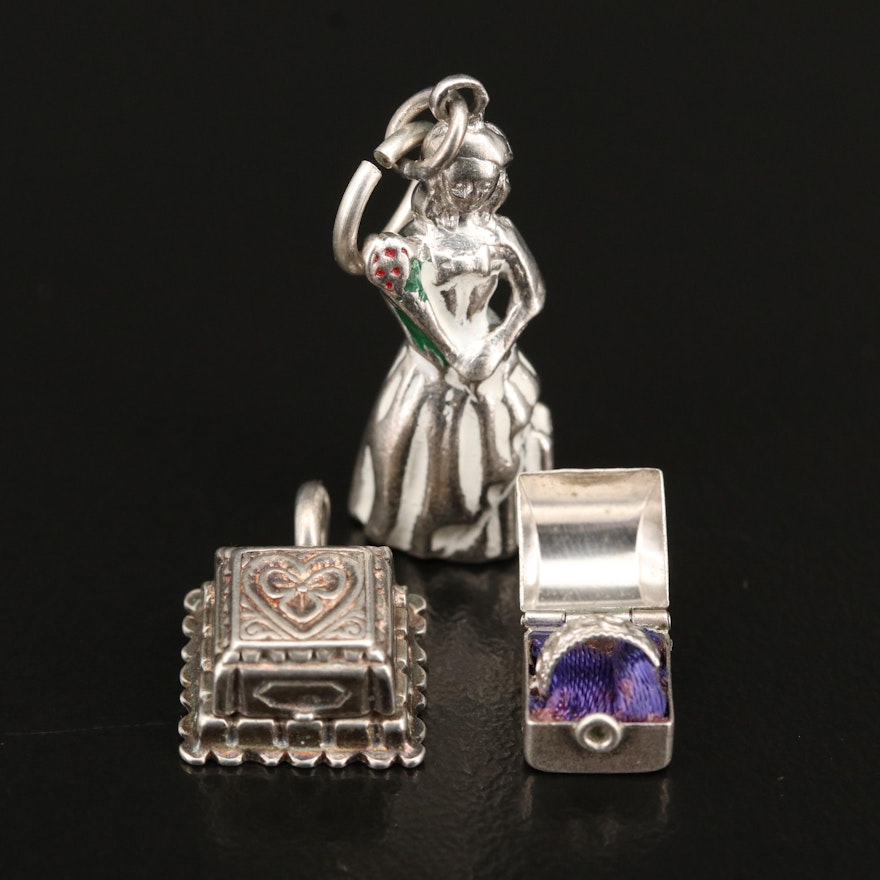 Sterling Silver Enamel and Rhinestone Ring Box and Beauty Pageant Charms