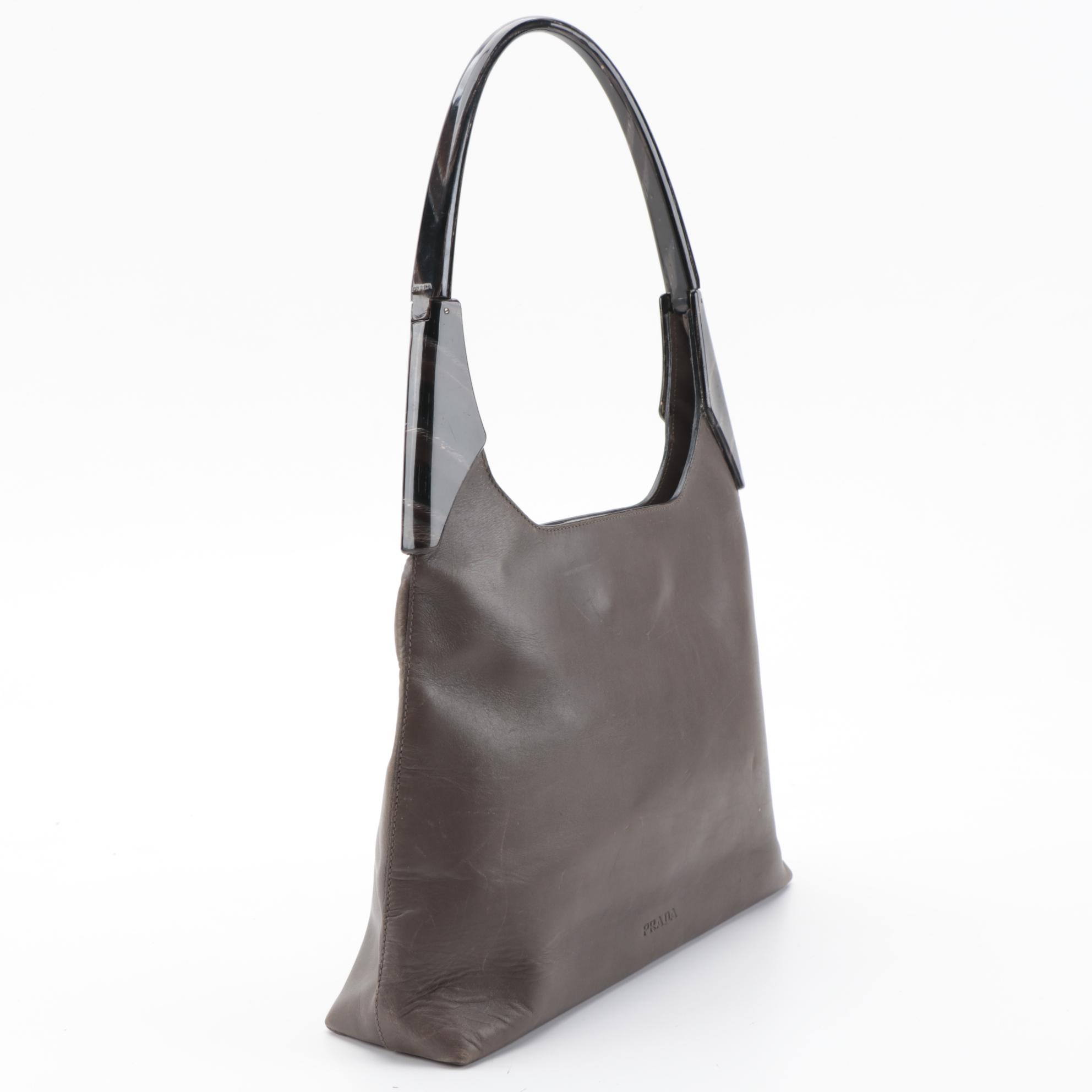 Prada Marbled Resin Handle Shoulder Bag in Brown Leather