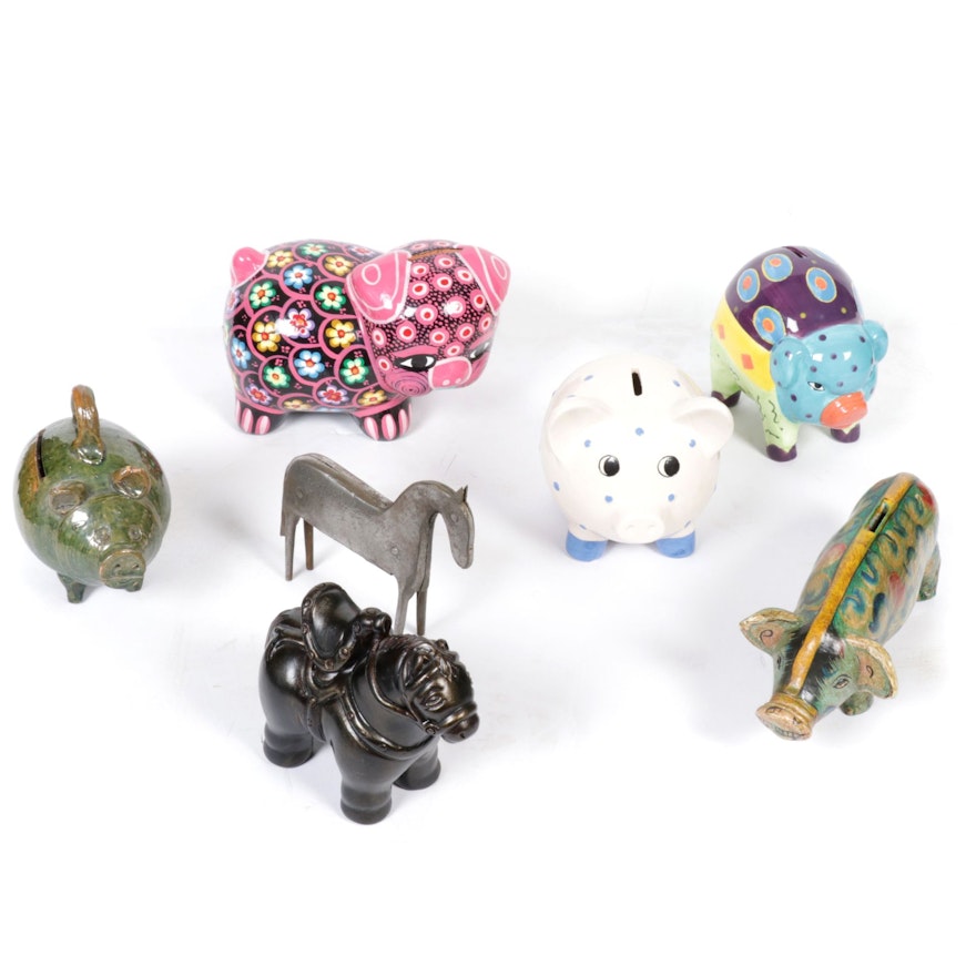 Century and Other Ceramic Piggy Banks with Animal Figurines