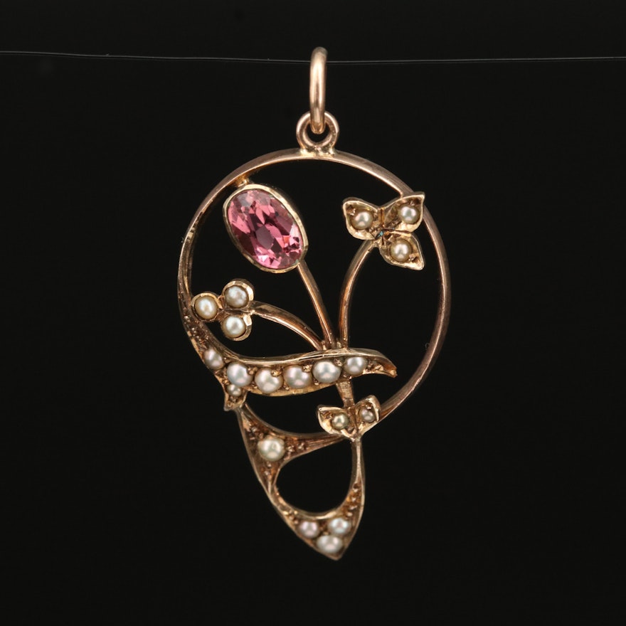 Art Nouveau 9K Tourmaline and Seed Pearl Flower Pendant