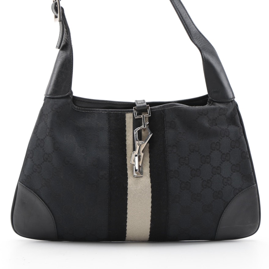 Gucci Jackie Web Shoulder Bag in Black GG Canvas and Leather
