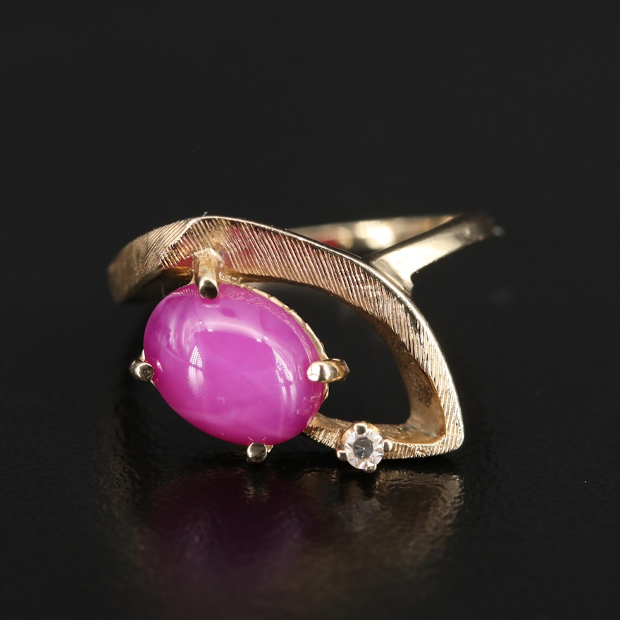 1960s 14K Gold Star Ruby and Diamond Asymmetrical Ring with Florentine Finish