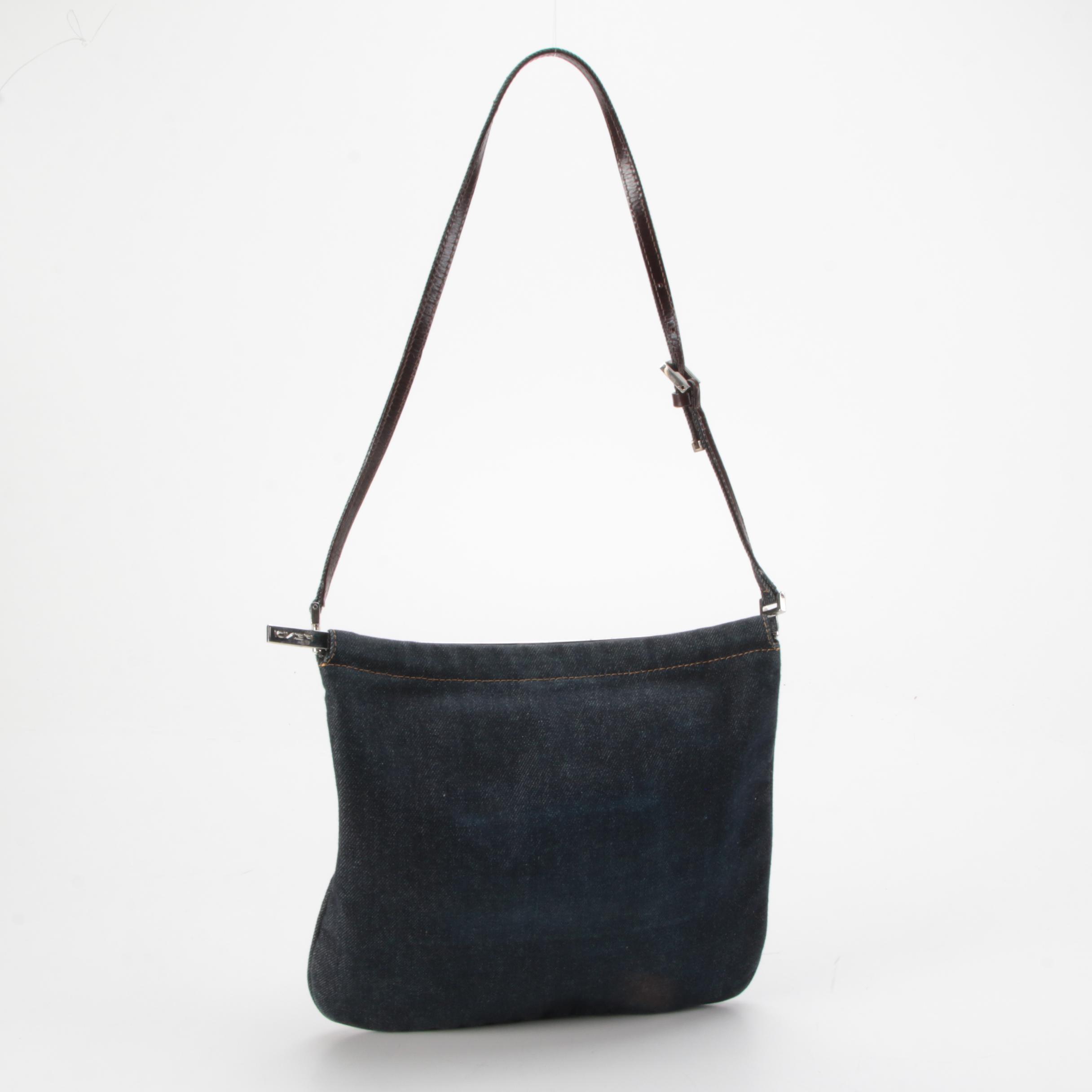 Fendi Demin Bag with Silver Tone Flex-Frame and Side Logo Cutouts