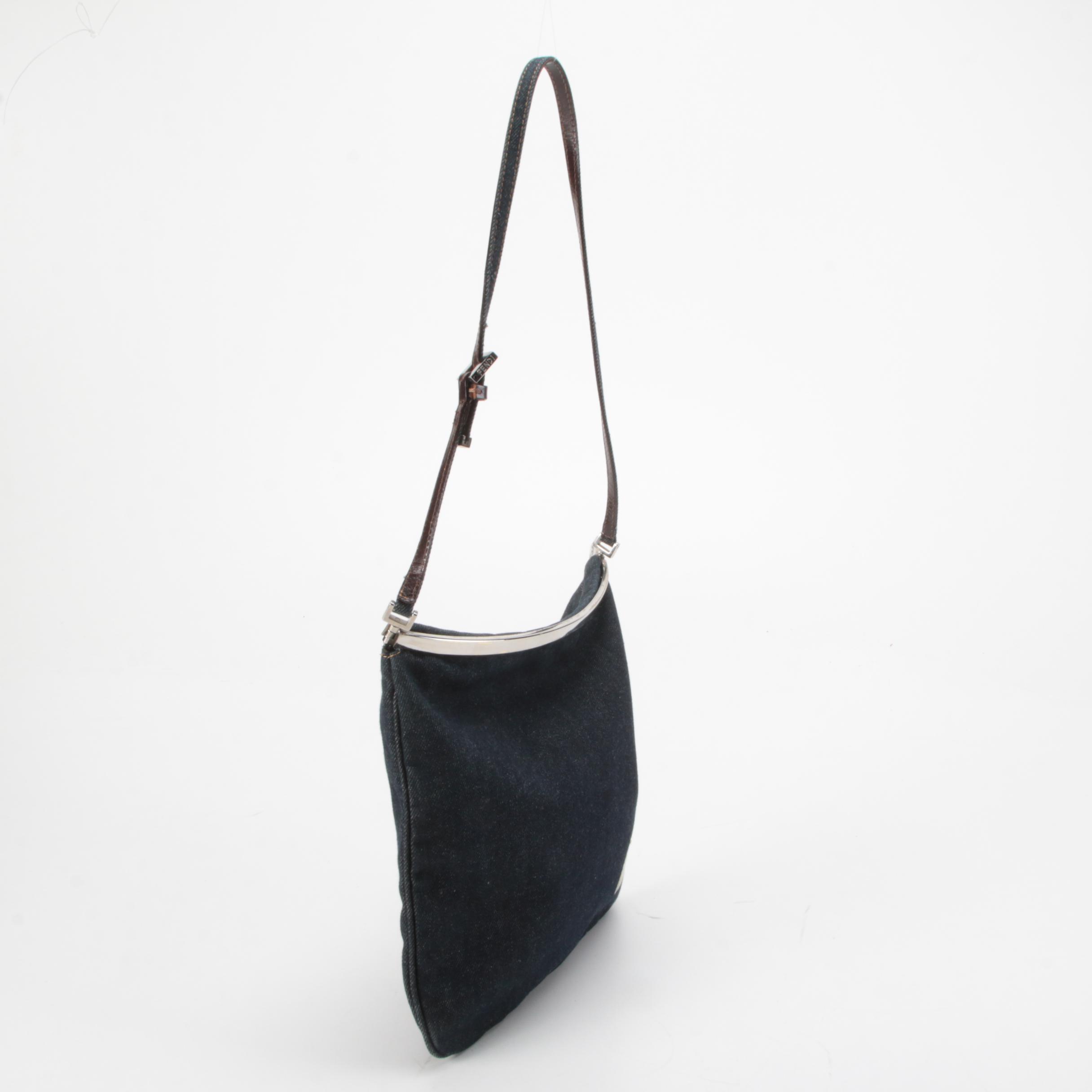 Fendi Demin Bag with Silver Tone Flex-Frame and Side Logo Cutouts