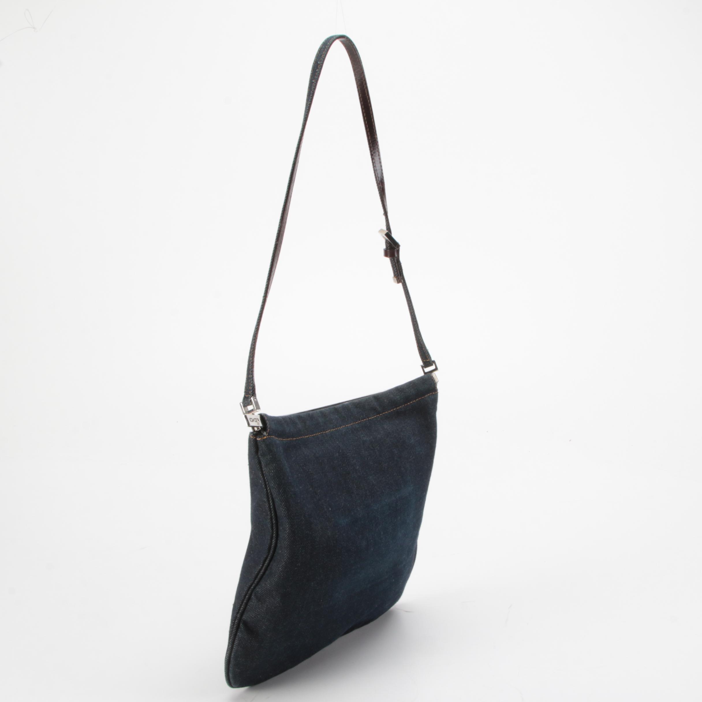 Fendi Demin Bag with Silver Tone Flex-Frame and Side Logo Cutouts