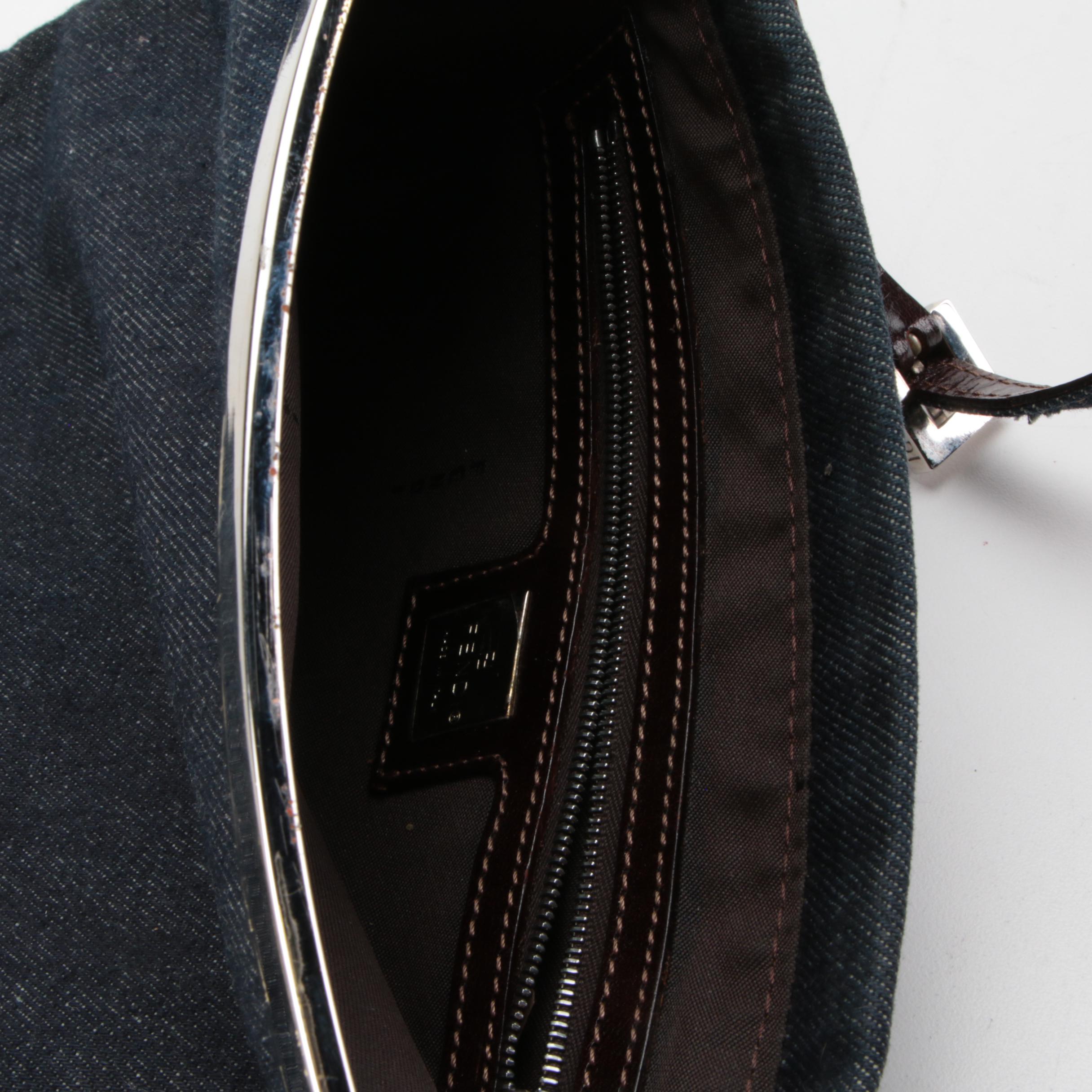 Fendi Demin Bag with Silver Tone Flex-Frame and Side Logo Cutouts
