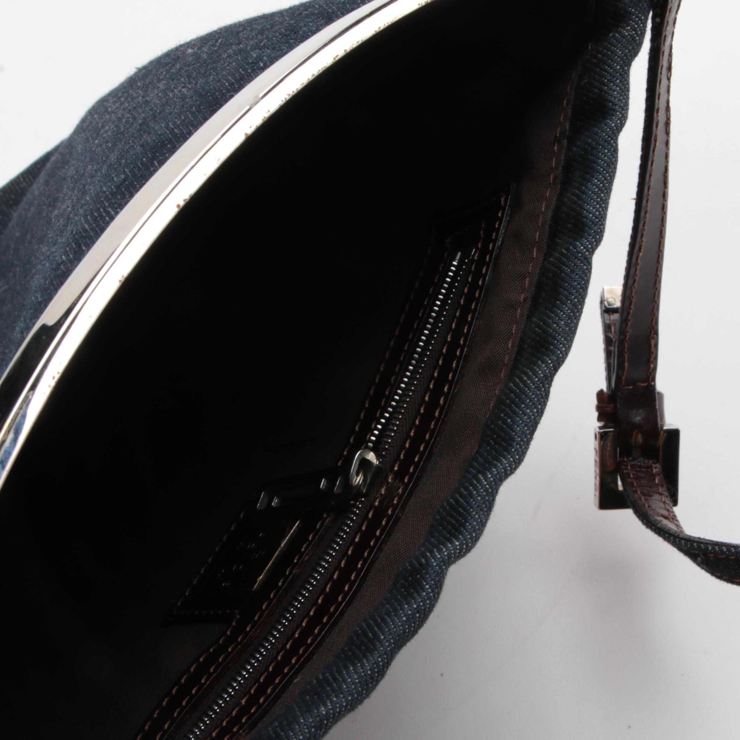 Fendi Demin Bag with Silver Tone Flex-Frame and Side Logo Cutouts