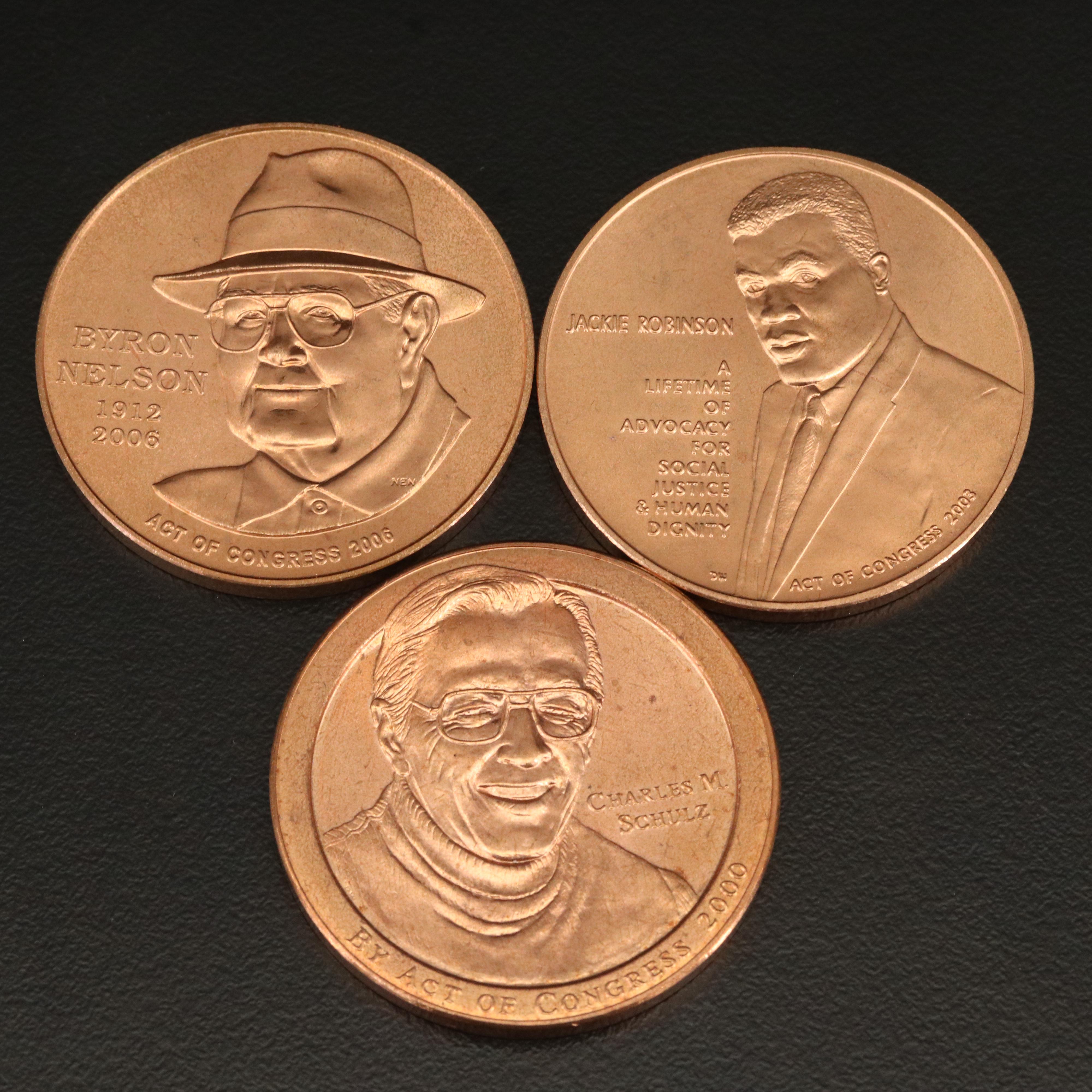 Bronze Medals of Jackie Robinson, Byron Nelson and Charles M. Schulz