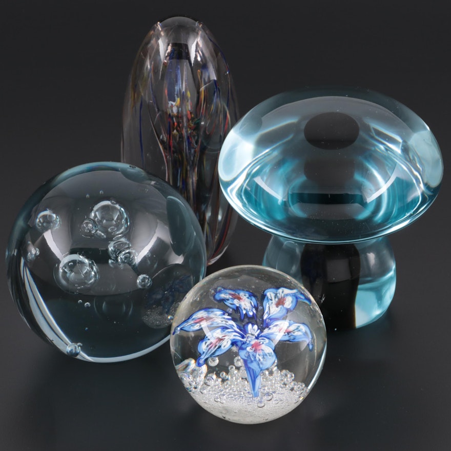 Art Glass Floral and Mushroom Form Paperweights with Others