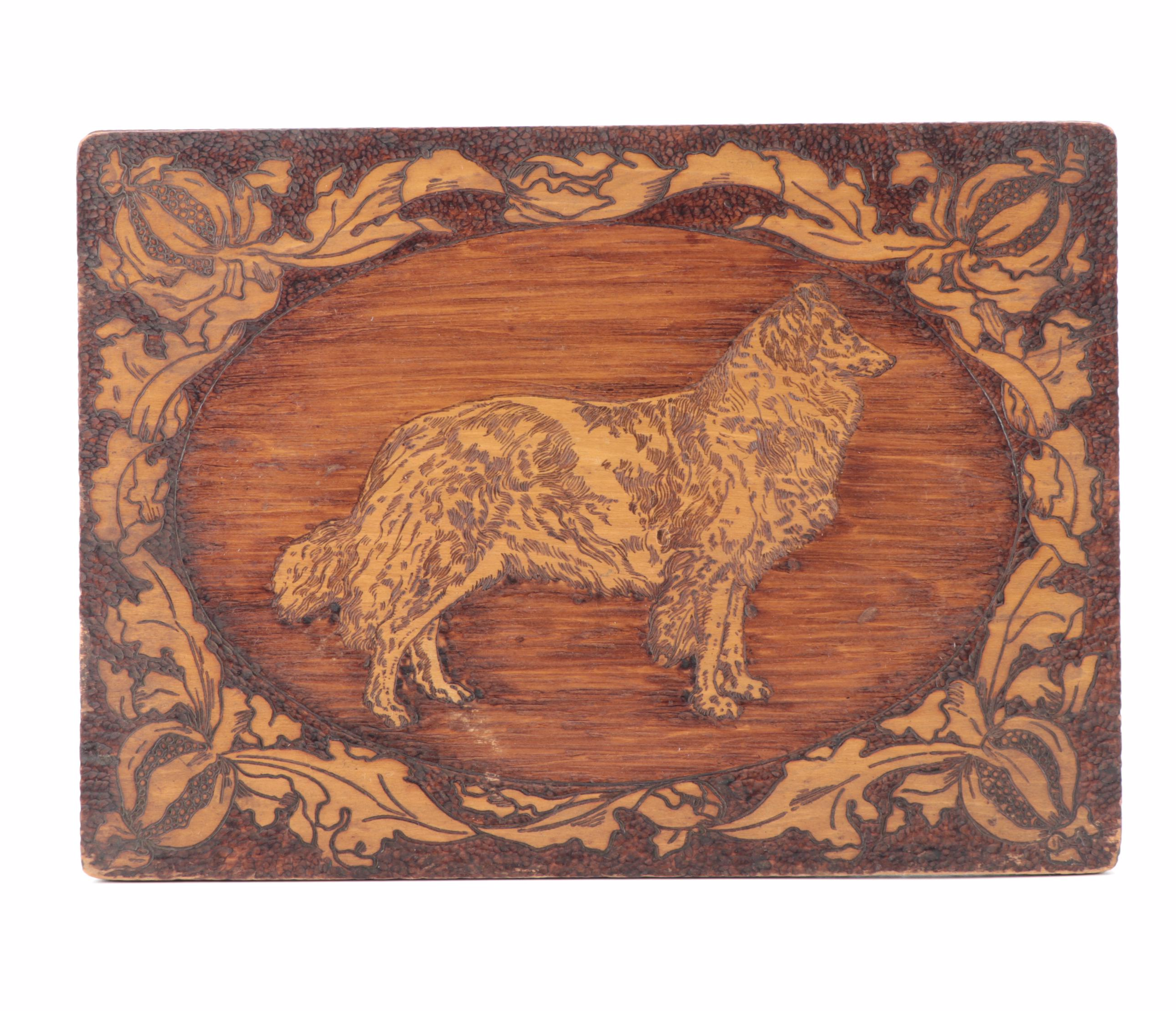 Flemish Art Co. Pyrography and Stained Wood Plaques with Dog Motif