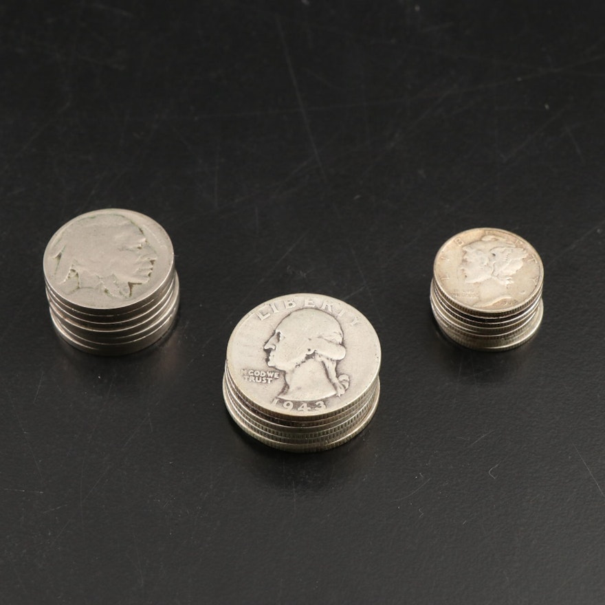 Mercury Silver Dimes, Washington Silver Quarters, and Buffalo Silver Nickels