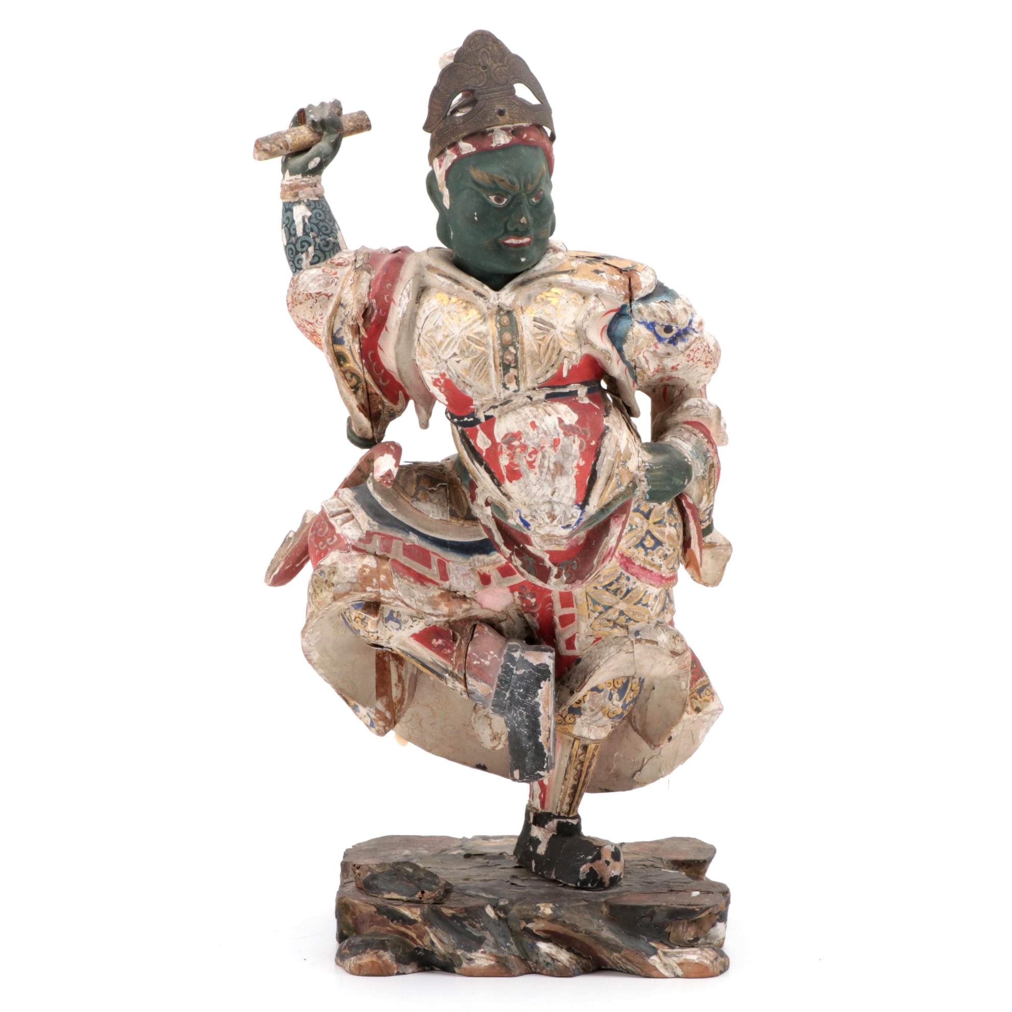Japanese Polychrome Wood Figure of Dancing Temple Guardian