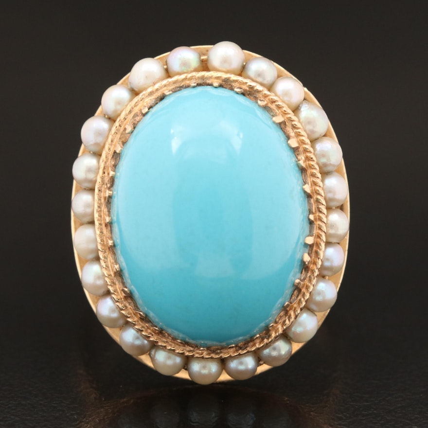 Vintage 14K Turquoise and Pearl Cocktail Ring