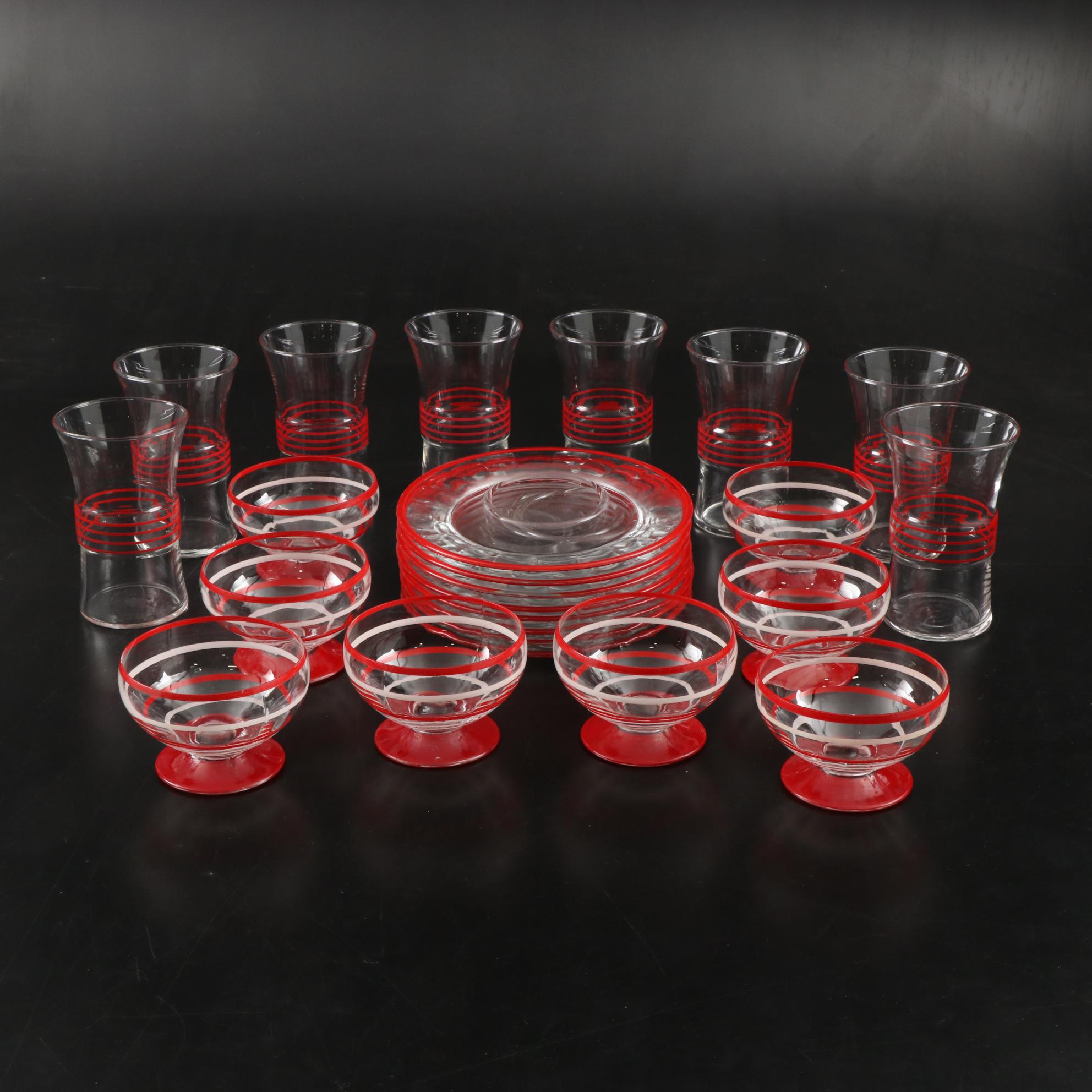 Red and White Striped Glass Dinnerware, Mid-20th Century