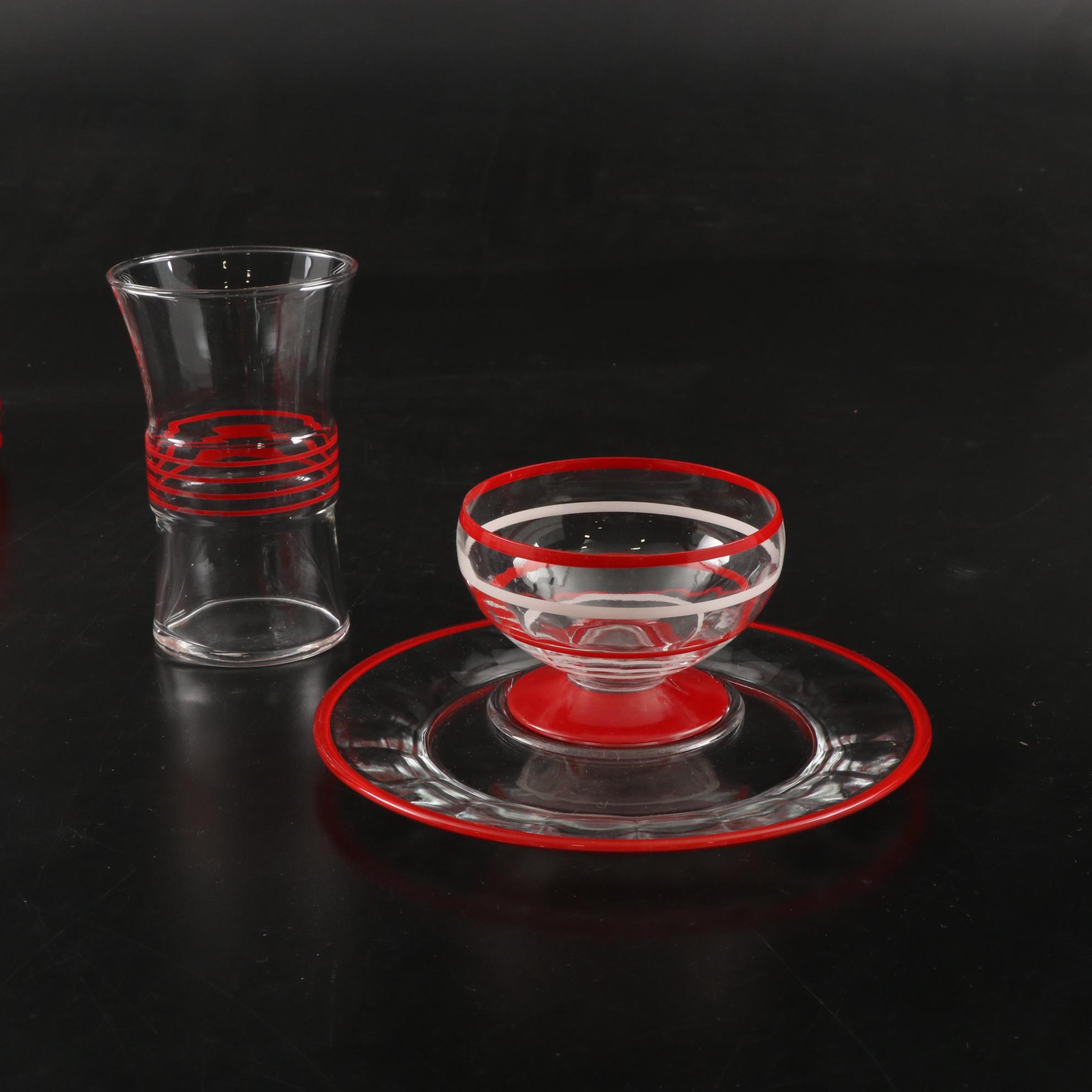 Red and White Striped Glass Dinnerware, Mid-20th Century