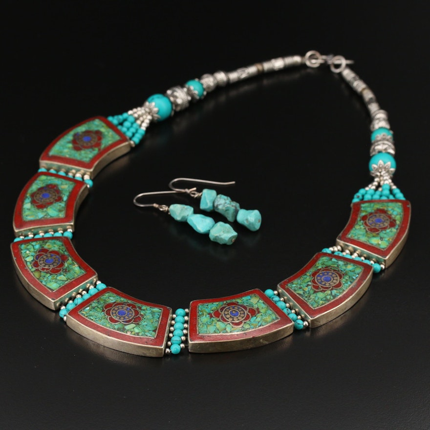 Howlite and Stone Mosaic Inlay Panel Link Necklace with Earrings
