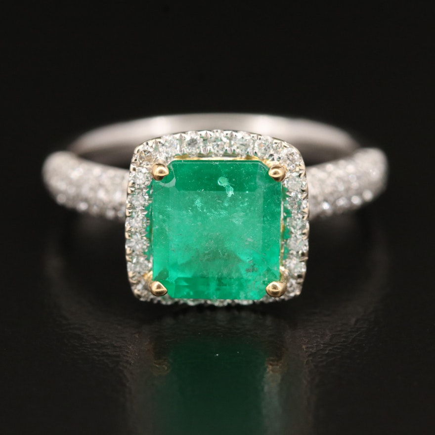 18K Emerald and Diamond Ring with Pavé Shoulders