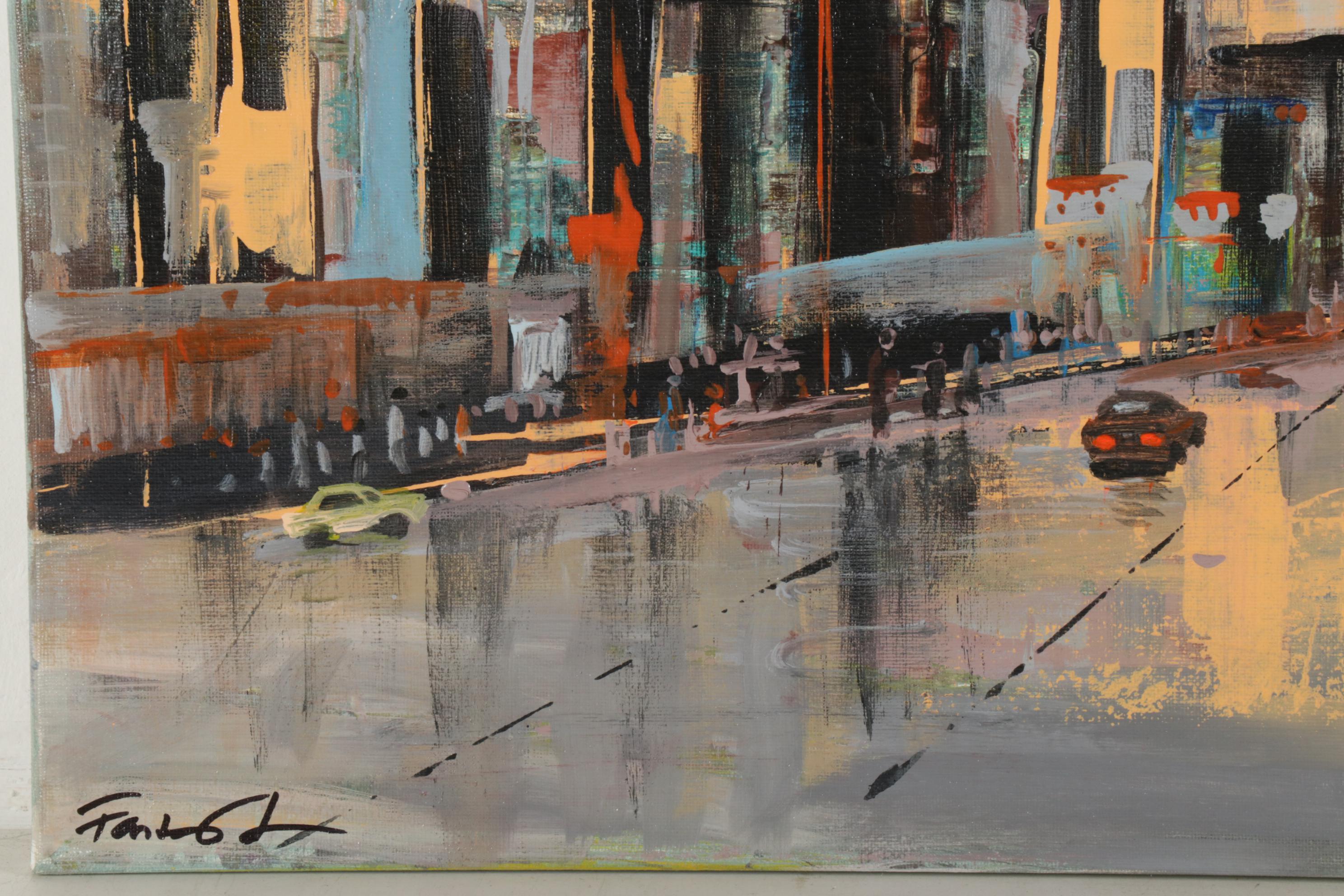 Farshad Lanjani Acrylic Painting of City Street at Sunset, 21st Century