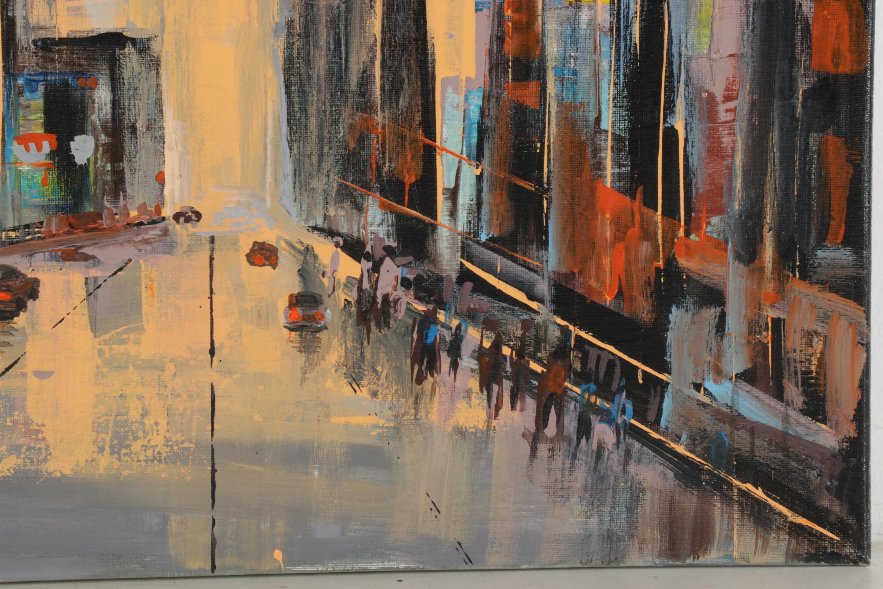 Farshad Lanjani Acrylic Painting of City Street at Sunset, 21st Century