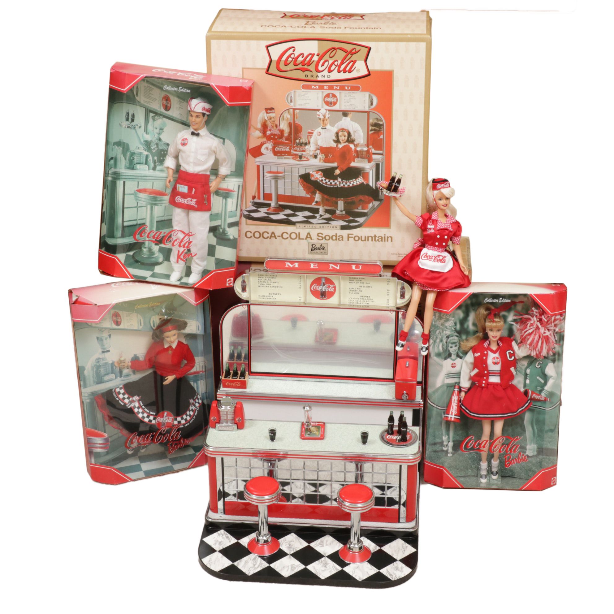 Mattel Coca-Cola Themed Barbies with Classic Diner Soda Fountain