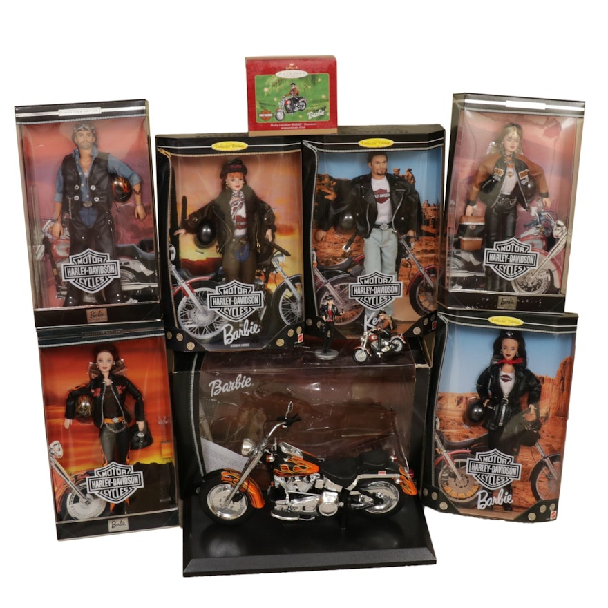 Mattel Harley-Davidson Barbie and Ken Dolls, Motorcycle, and Christmas Ornaments