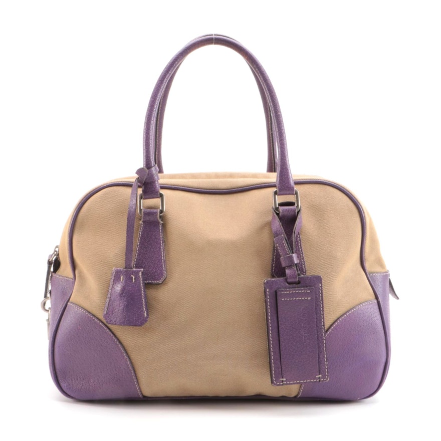 Prada Bauletto Bag in Canapa Canvas with Lilac Leather Trim