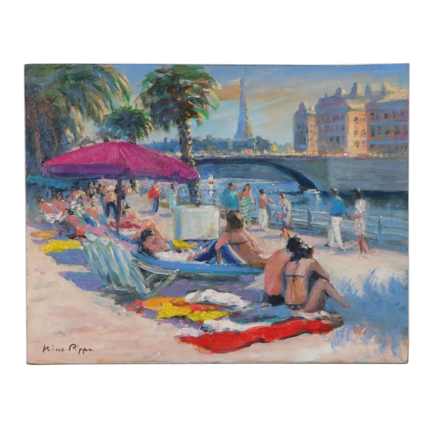 Nino Pippa Oil Painting "Paris - Beach Scene on the Rive Droit"
