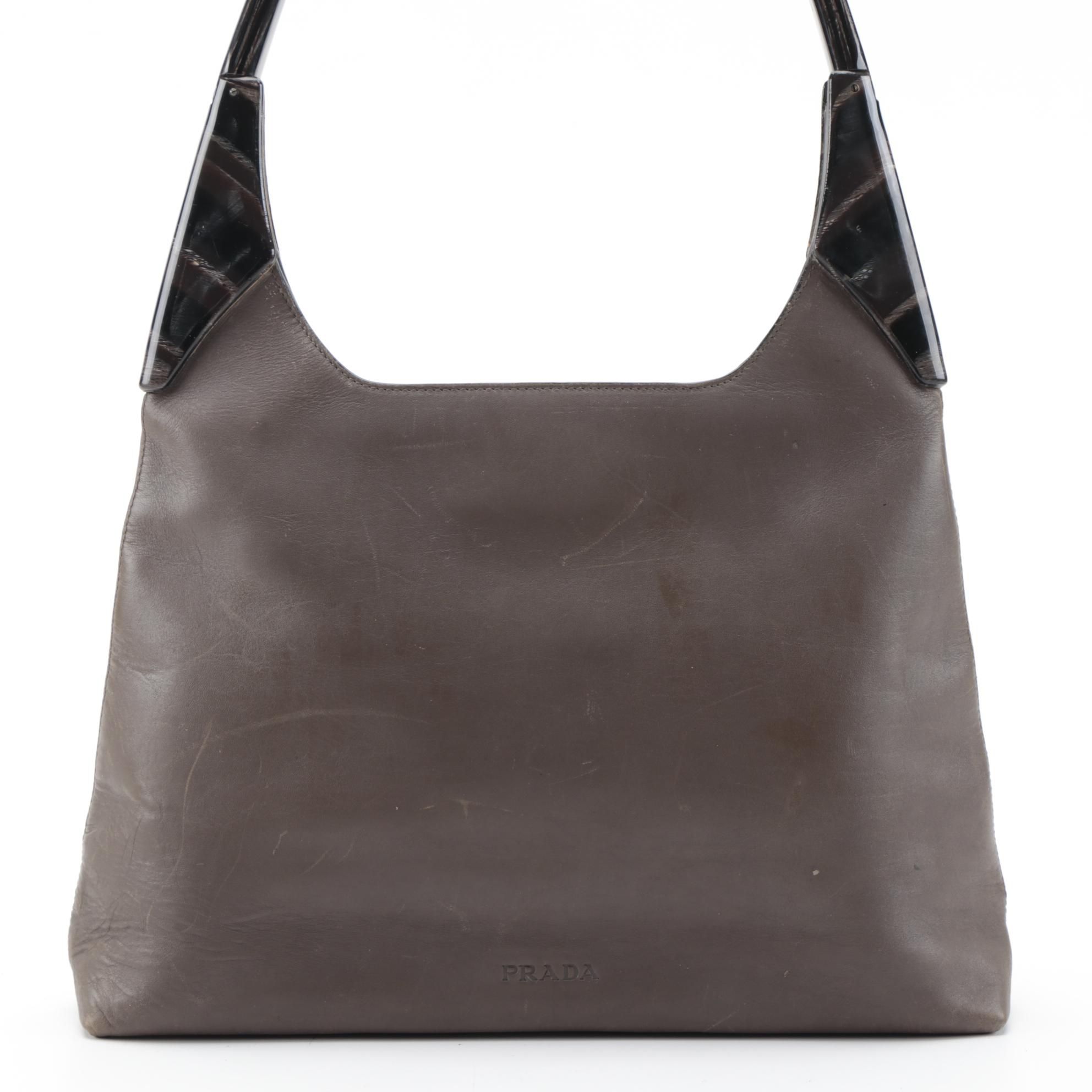 Prada Marbled Resin Handle Shoulder Bag in Brown Leather