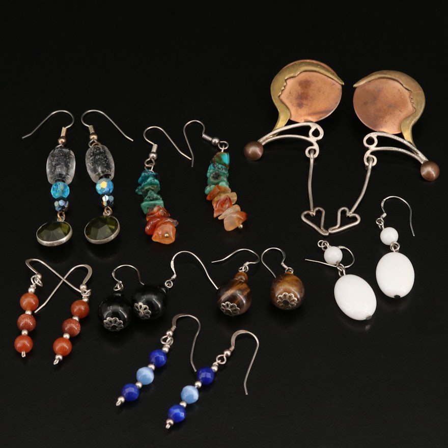 Dangle Earrings with Sterling, Agate and Tiger's Eye